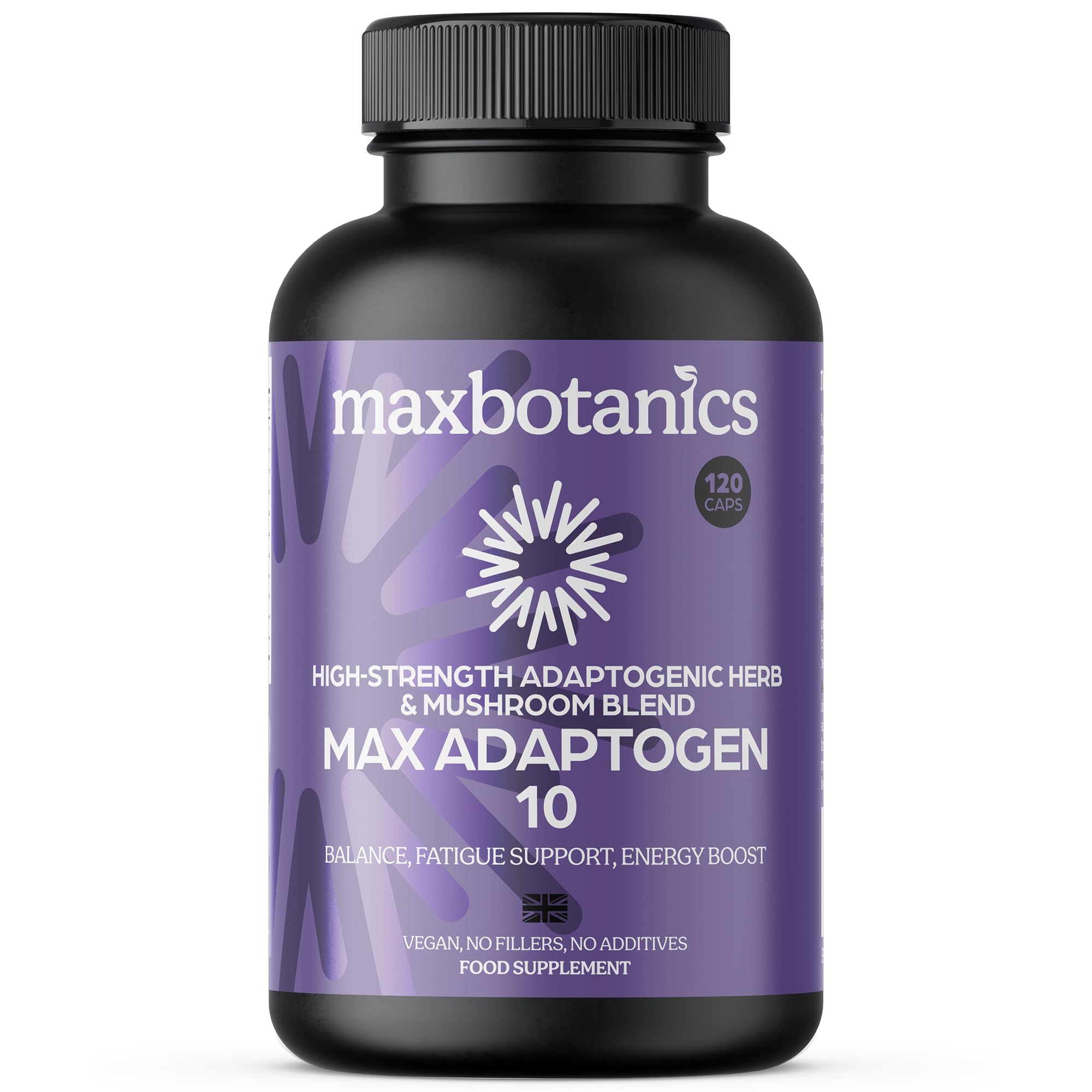Max Adaptogen 10 Balance, Fatigue, Energy Boost & Stress Support 10-Herb Adaptogen High Strength Mushroom Blend with Ashwagandha, Rhodiola & Ginseng Natural Vegan UK Made (120 Capsules)