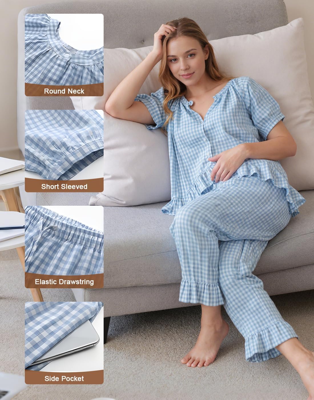 Womens 2 Piece Gingham Pajamas Set Cute Plaid Pjs Cotton Short Sleeve Babydoll Shirt Ruffle Pants Lounge Sets - Image 6