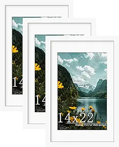 Picrit 14x22 Picture Frame 3 Pack, White Poster Frame, Display Poster 11 x 17 with Mat or 14 x 22 without Mat for Horizontal or Vertical Wall Mounting