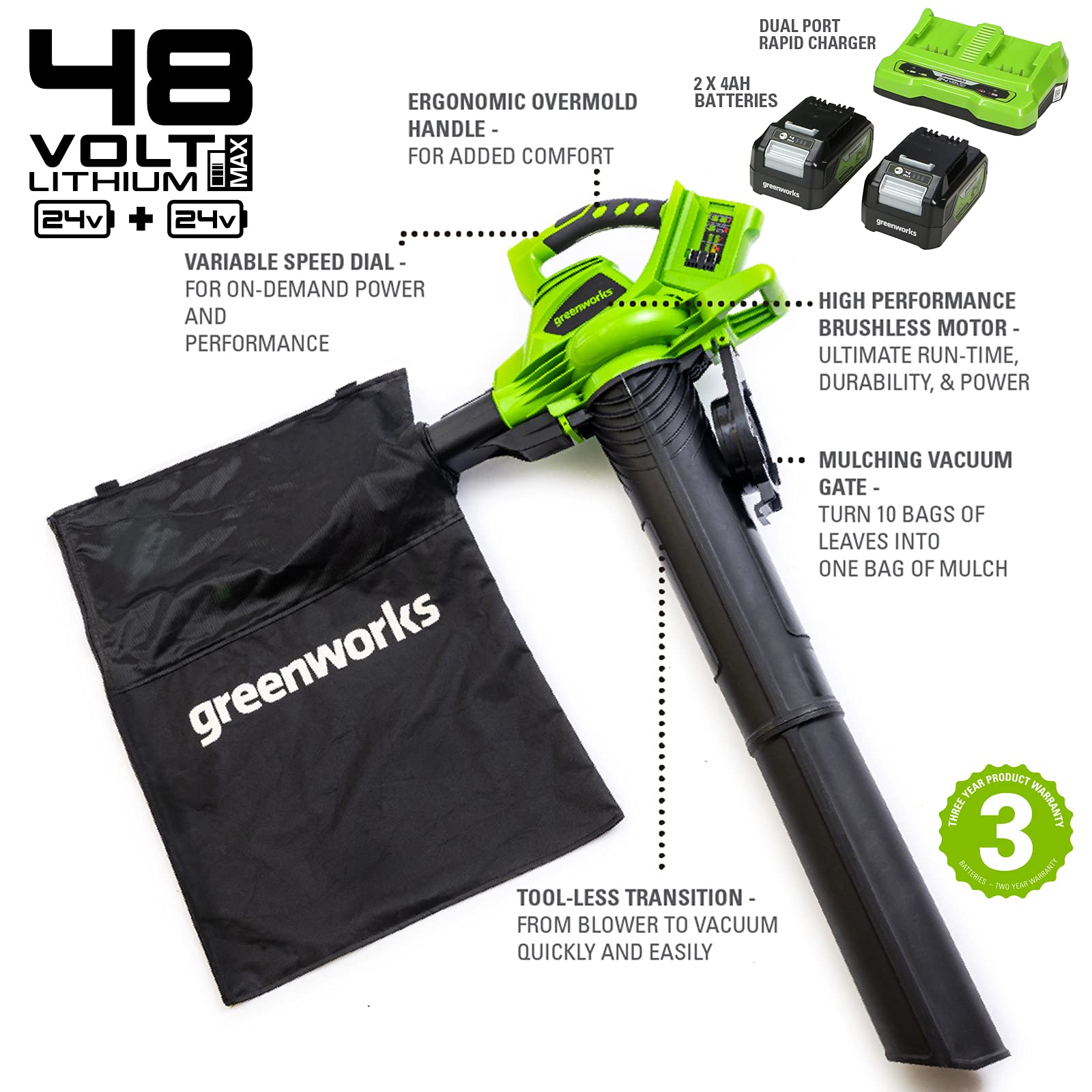 Greenworks 48V(24V x 2) Akku Laubsauger / Laubbläser mit Schultergurt, bürstenloser Motor, 322 km/h, 9 m³/min, 45L Fangsack, zwei 4Ah Batterien & Ladegerät, 3 Jahre Garantie GD24X2BVK4X