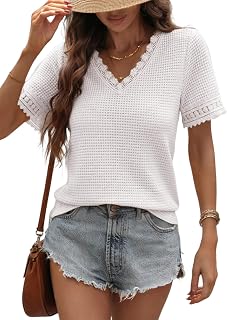 Dokotoo Women's Casual V Neck Short Sleeve Waffle Knit Lace Patchwork Shirts Summer Loose Basic Tunic Tops Tee Blouses