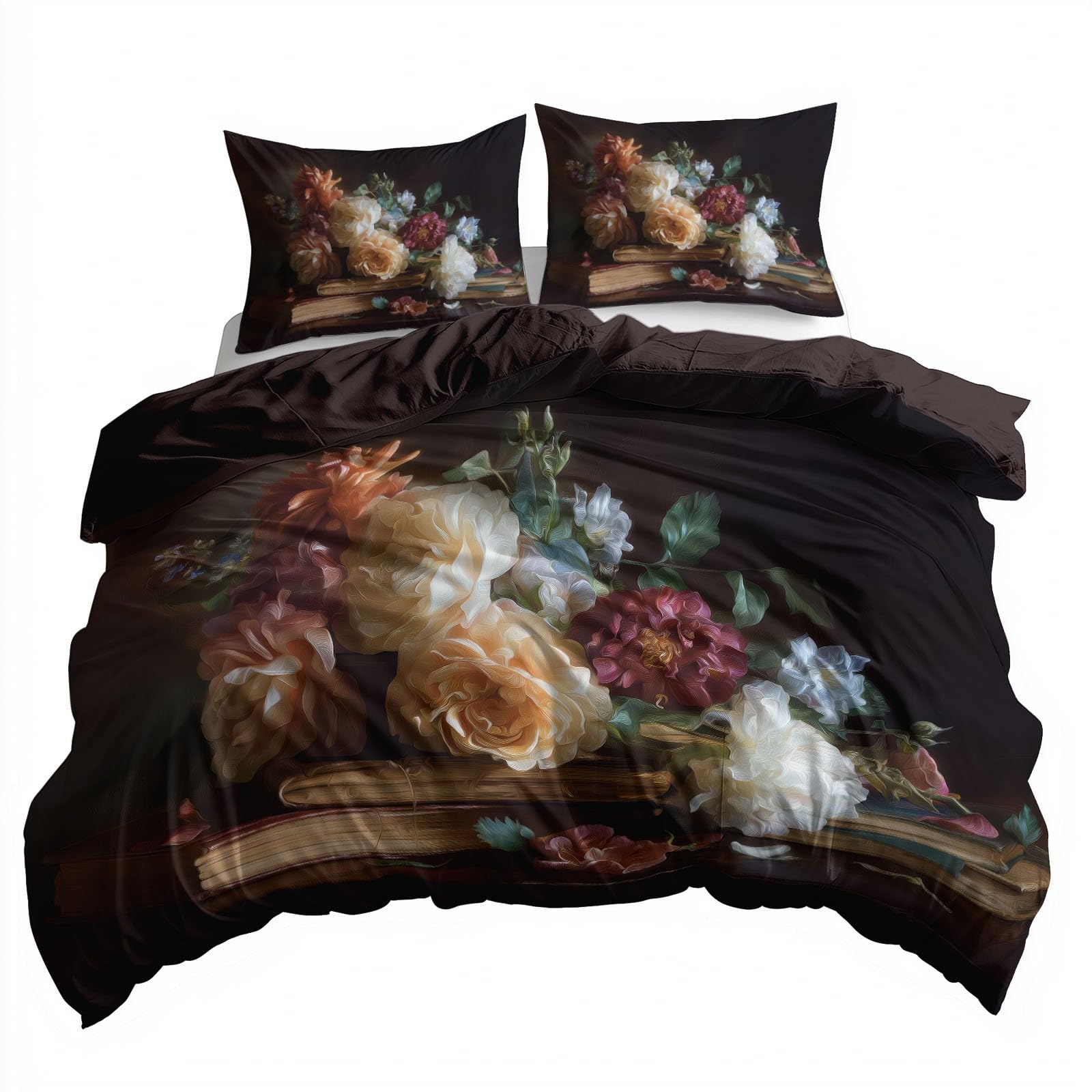 Juego de ropa de cama de 155 x 220 cm, pintura al óleo con diseño de flores muertas, libros, funda nórdica con estampado 3D de 3 piezas con cremallera y 2 fundas de almohada de 80 x 80 cm, modernos