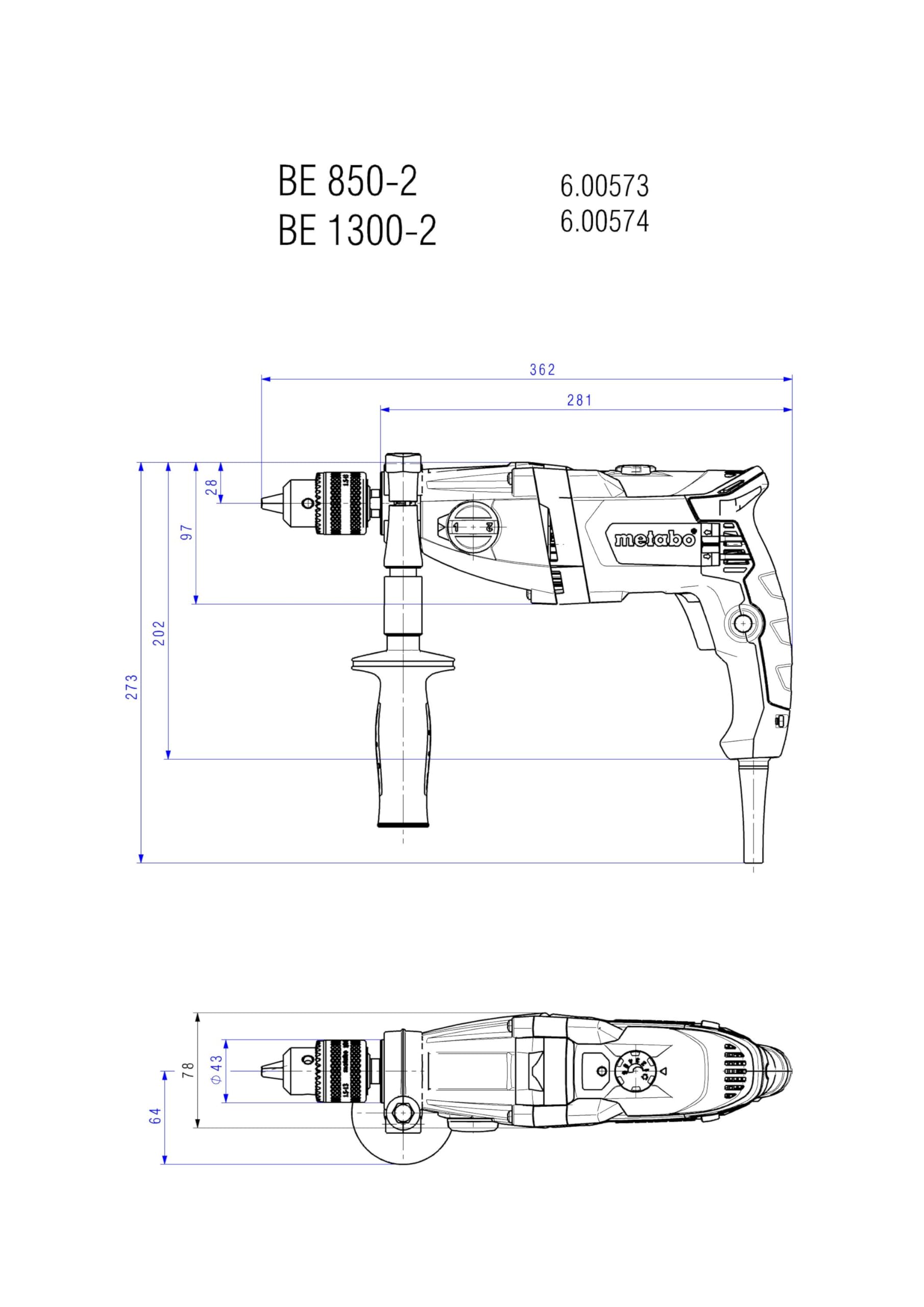 metabo Bohrmaschine BE 850-2, 850 W Elektrobohrer mit 2-Gang Getriebe | Inkl. Futuro Plus Schnellspannbohrfutter, Zusatzhandgriff, Vario-Elektronik, 13 mm Stahl & 40 mm Holz Bohr-Ø, 2.6 kg