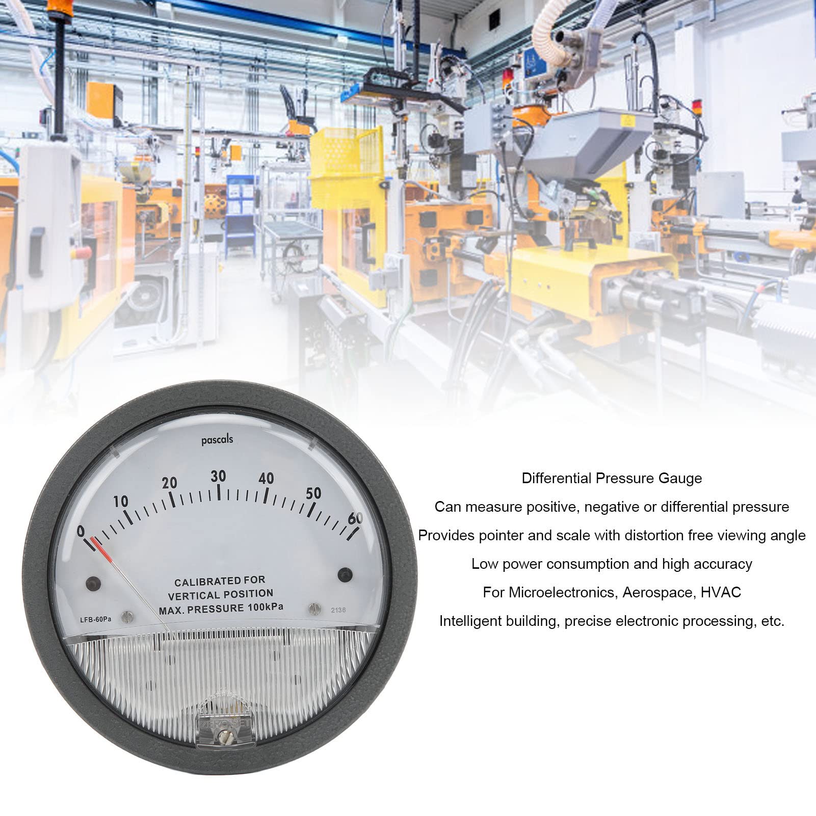 Intelligent Differential Pressure Gauge, Round Pointer Pressure Detector with Full Set of Accessories for Microelectronics Aerospace Other Fields