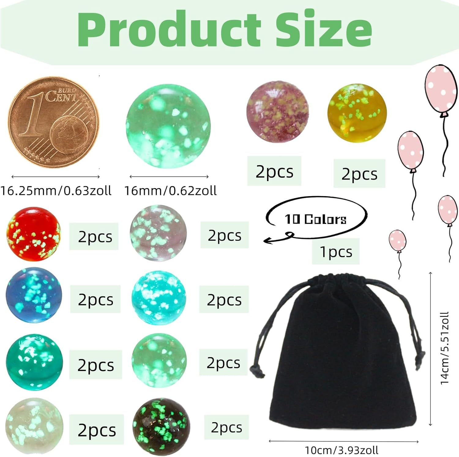 Pack of 20 16 mm Small Glass Marbles, 10 Colours Marbles, Luminous Marbles Glass, Glow in The Dark Dotted Glass Marbles, Decorative Bowls Marble Game Glass