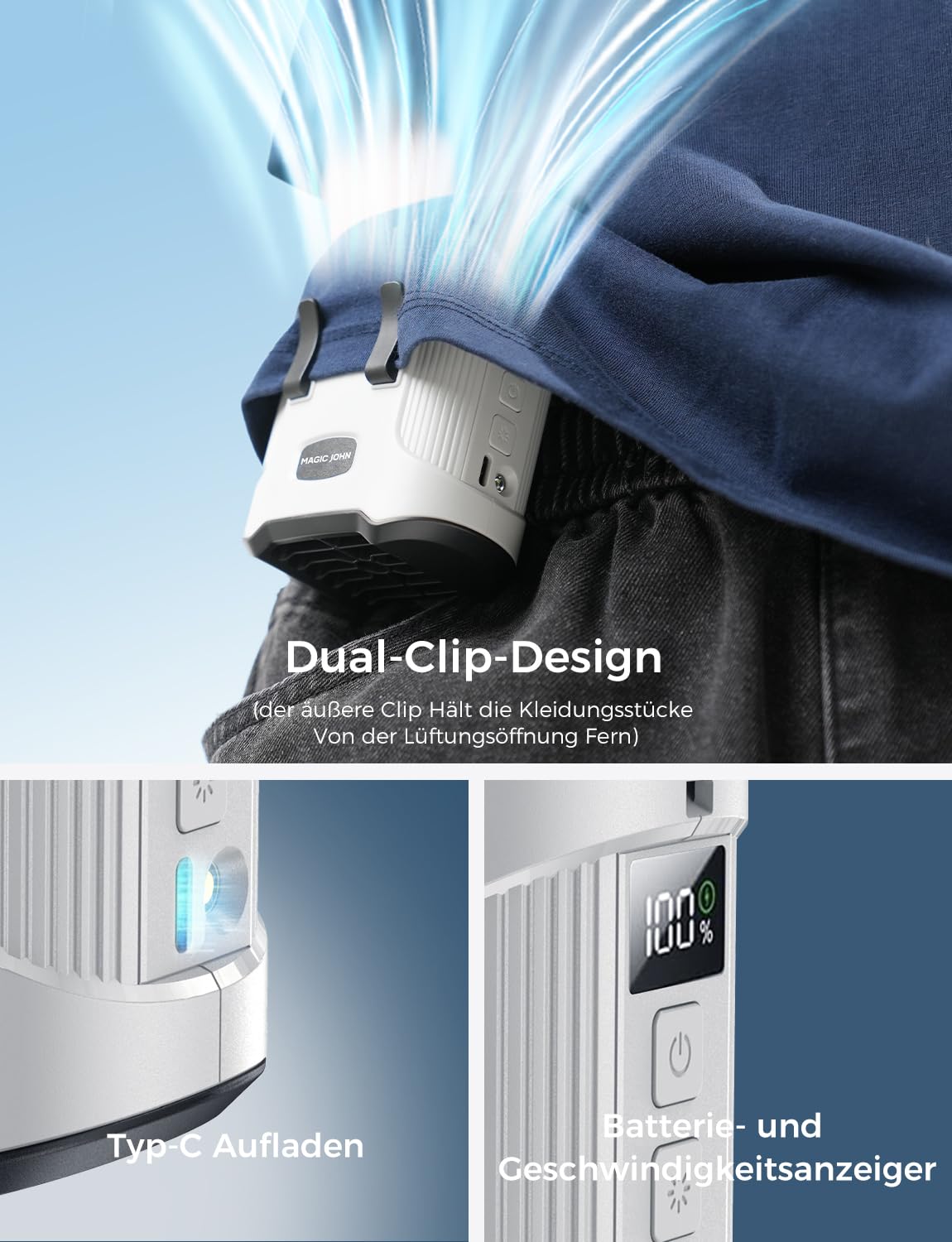 MAGIC JOHN Ventilatore a vita sospesa, con clip a vita portatile, 3 velocità, ricaricabile, con batteria da 4000 mAh, per campeggio, attività all'aperto (grigio)