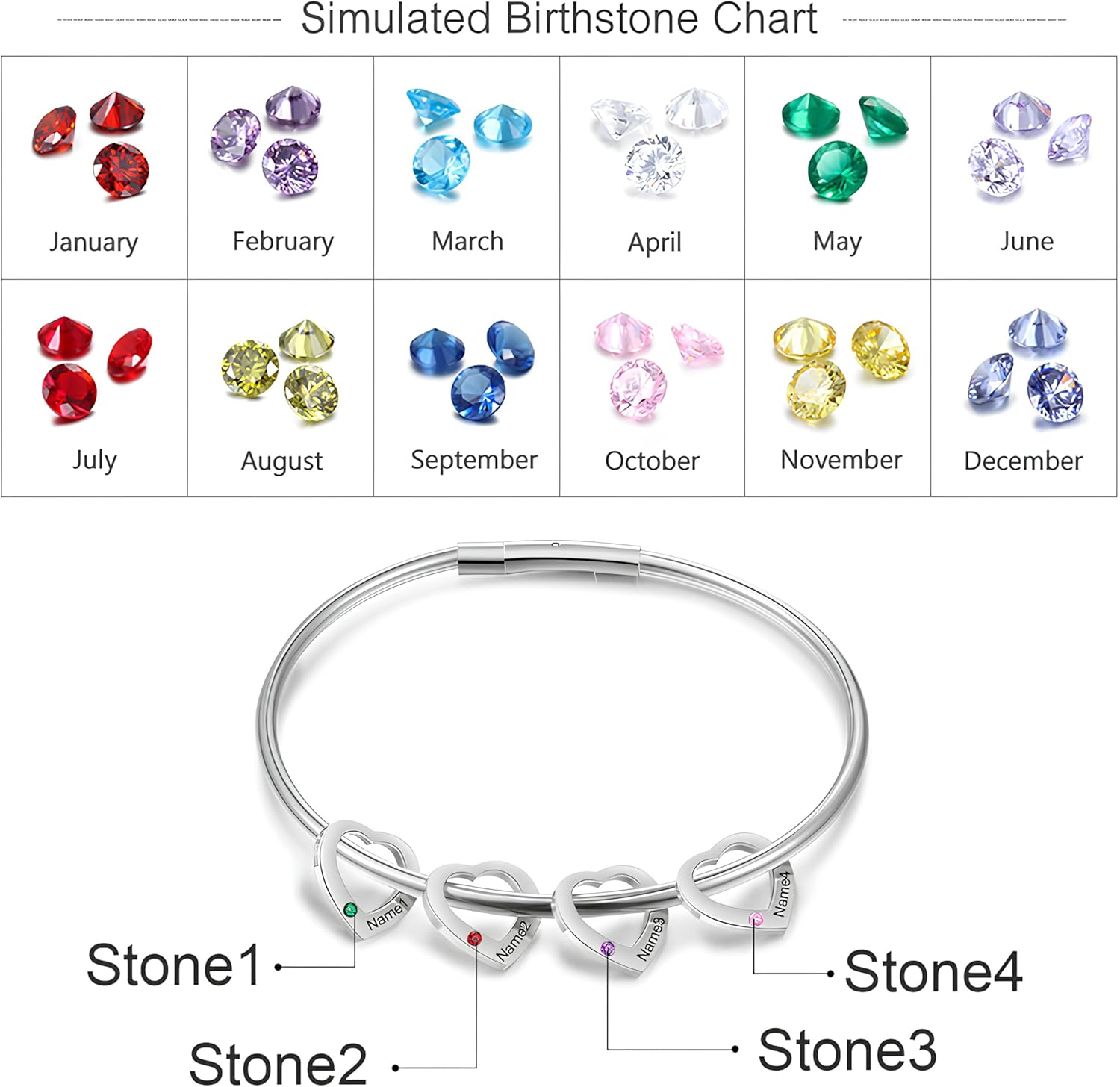 Birthstone Bracelet for Mom with Heart Charm – Custom Engraved Bracelet with Names – Personalized Mother’s Day Gift for Mom, Wife, or Grandma – Silver, Gold, or Rose Gold