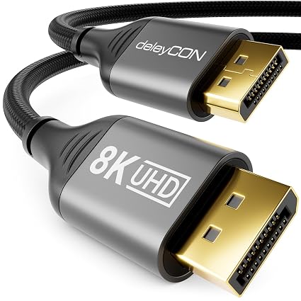 deleyCON 1m 8K Kabel DisplayPort (8K@60Hz 4K@165Hz 2K@360Hz) UHD WQHD HDR HDCP 2.2 DisplayPort - AMD FreeSync NVIDIA G-Sync - Idealny do Monitora do Gier i DisplayPort - Szaro-Czarny