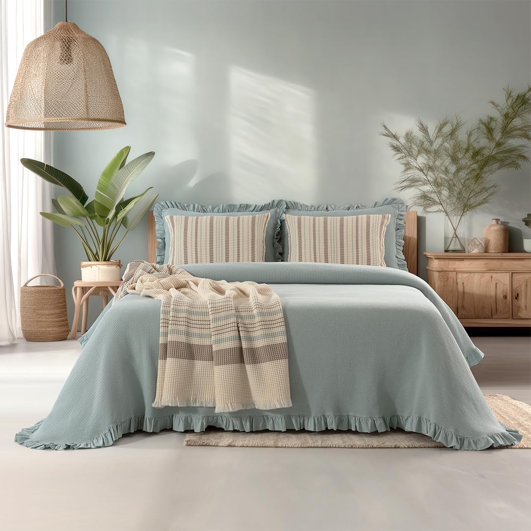 Casa da Laura - Colcha Verde con Volante - Colcha 240x260 para Cama de 140/150/160 - Colcha de Algodón Eva - Colcha de Verano con Estampado Elegante