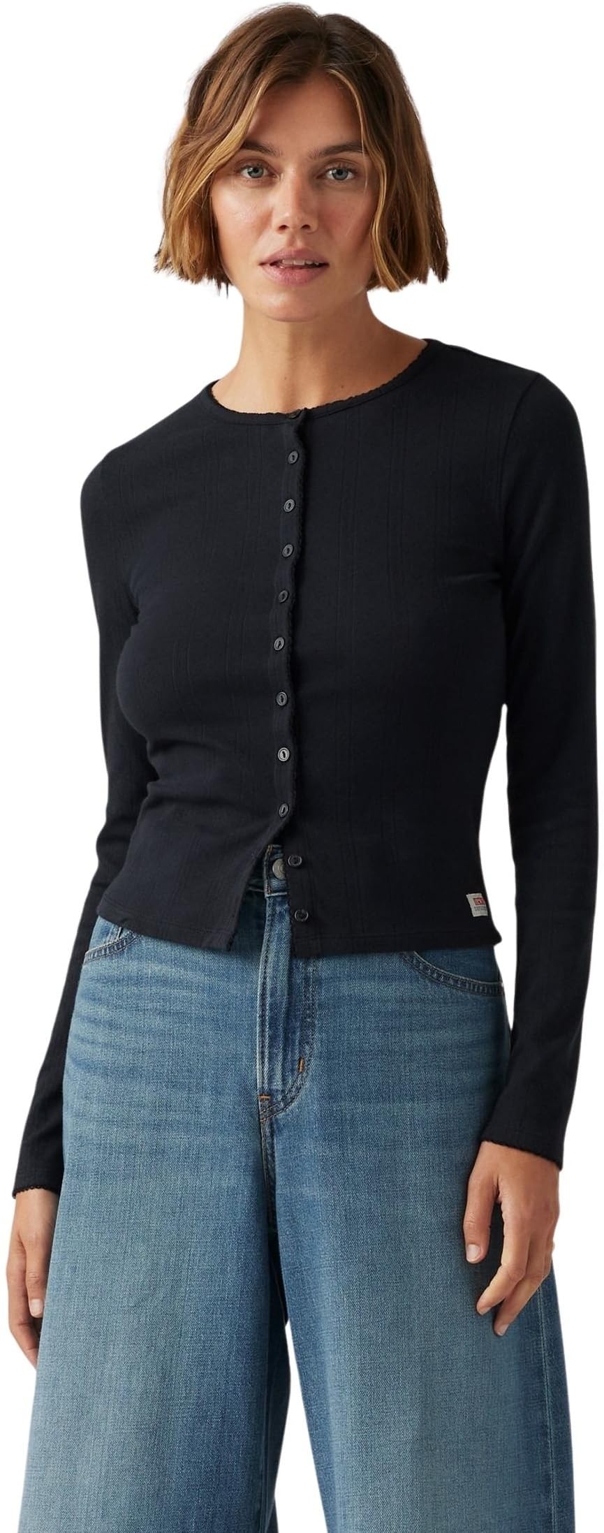 Levi's Women's Long Sleeve Top Dry Goods Pointelle with Button Placket, Slim Fit, Black (Anthracite Night), XS