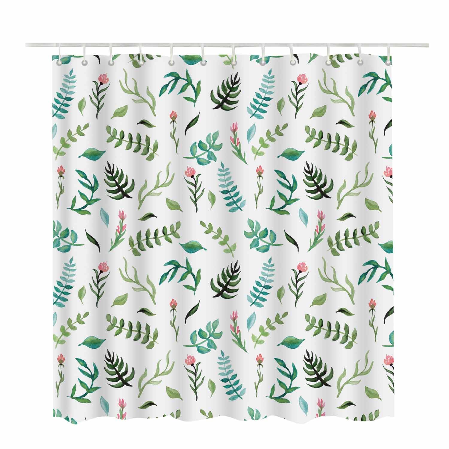 Woutay Shower Curtain Water Repellant Fabric Watercolor Floral Leaves,Mould Proof Resistant,Polyester,with 12 Plastic Hooks - Image 2