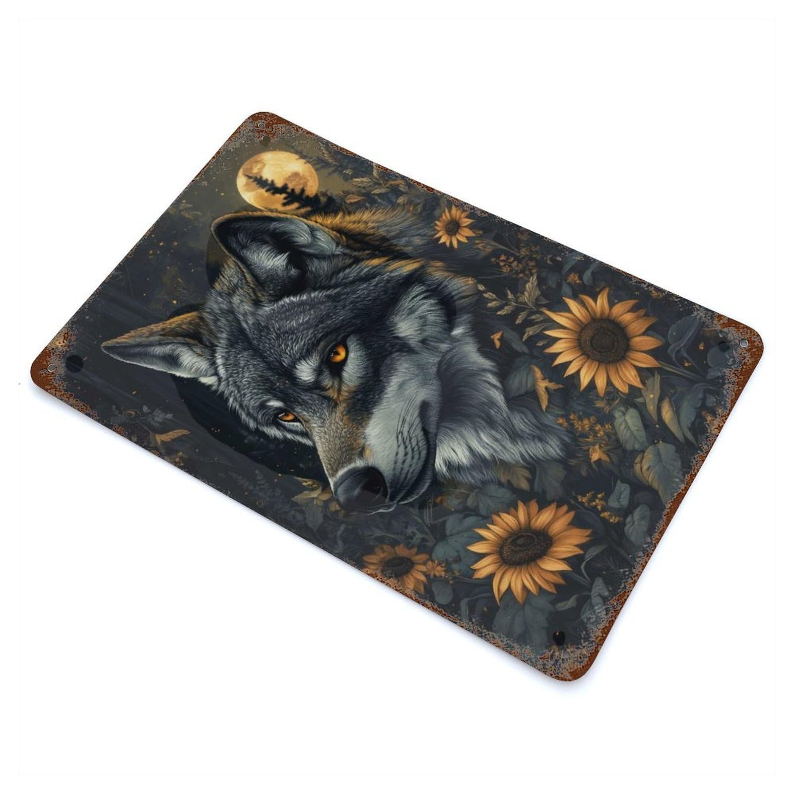 Wolf in Sunflower Field Retro Metal Sign 11.8"x7.9", Classic Wall Plaque for Basement, Hobby Room And Garage Decor