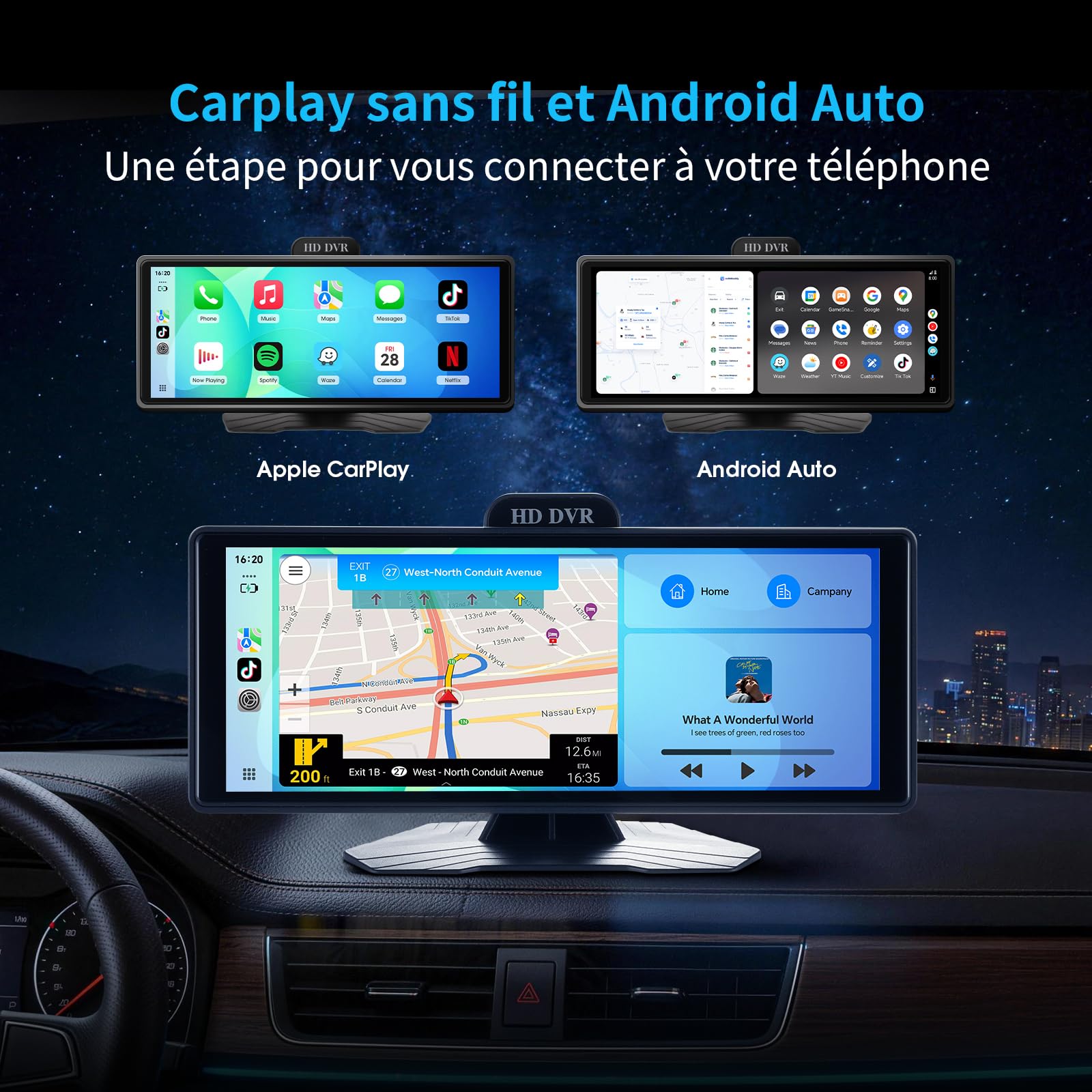 Haudio Écran CarPlay 10,26 Pouces, CarPlay et Android Auto Sans Fil, Autoradio Portable avec DVR 2K, Caméra de Recul 1080P,Bluetooth,Commande Vocale,Radio AUX/FM, Carte TF 64G pour Toutes les Voitures