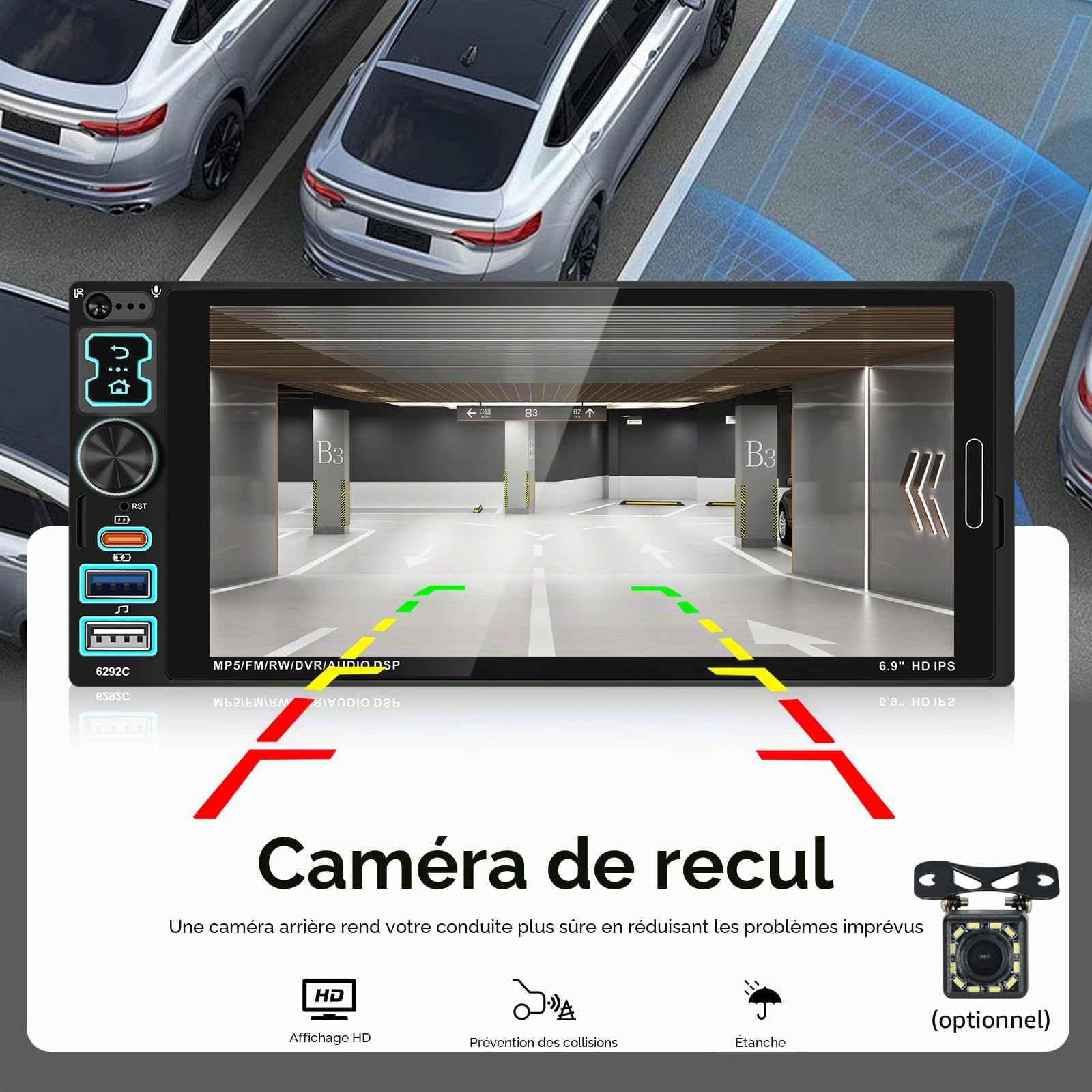 Autoradio 1 DIN Carplay Android Auto, Ecran Tactile 6.9 Pouces 1 Din Poste Radio Voiture Bluetooth Mains Libres, FM, Caméra de Recul, Microphone, USB/AUX/TF/EQ/DVR