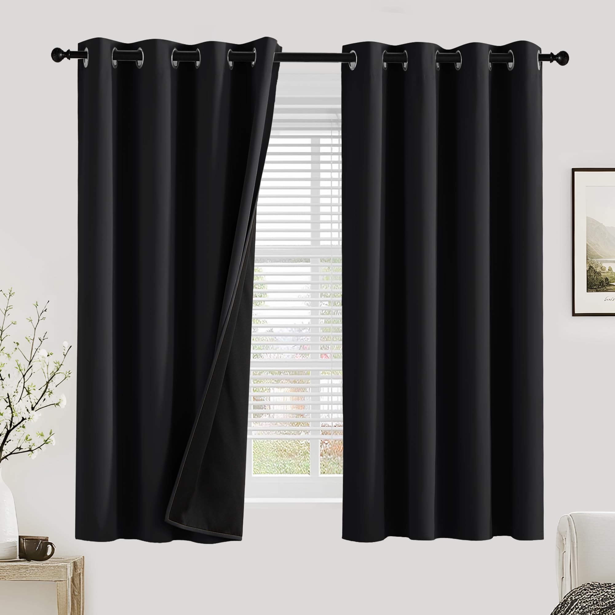 PONY DANCE 100% Blackout Curtains for Bedroom - Thermal Insulated Full Blackout Eyelet Curtains & Drapes Heat and Light Blocking Panels for Living Room with Black Liner 2 Pcs, 46 x 54 Inch, Black