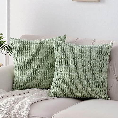 Fancy Homi 2 Packs Sage Green Decorative Throw Pillow Covers 18x18 Inch for Living Room Couch Bed Sofa, Soft Striped Corduroy Square Cushion Case 45x45 cm, Rustic Farmhouse Boho Home Decor