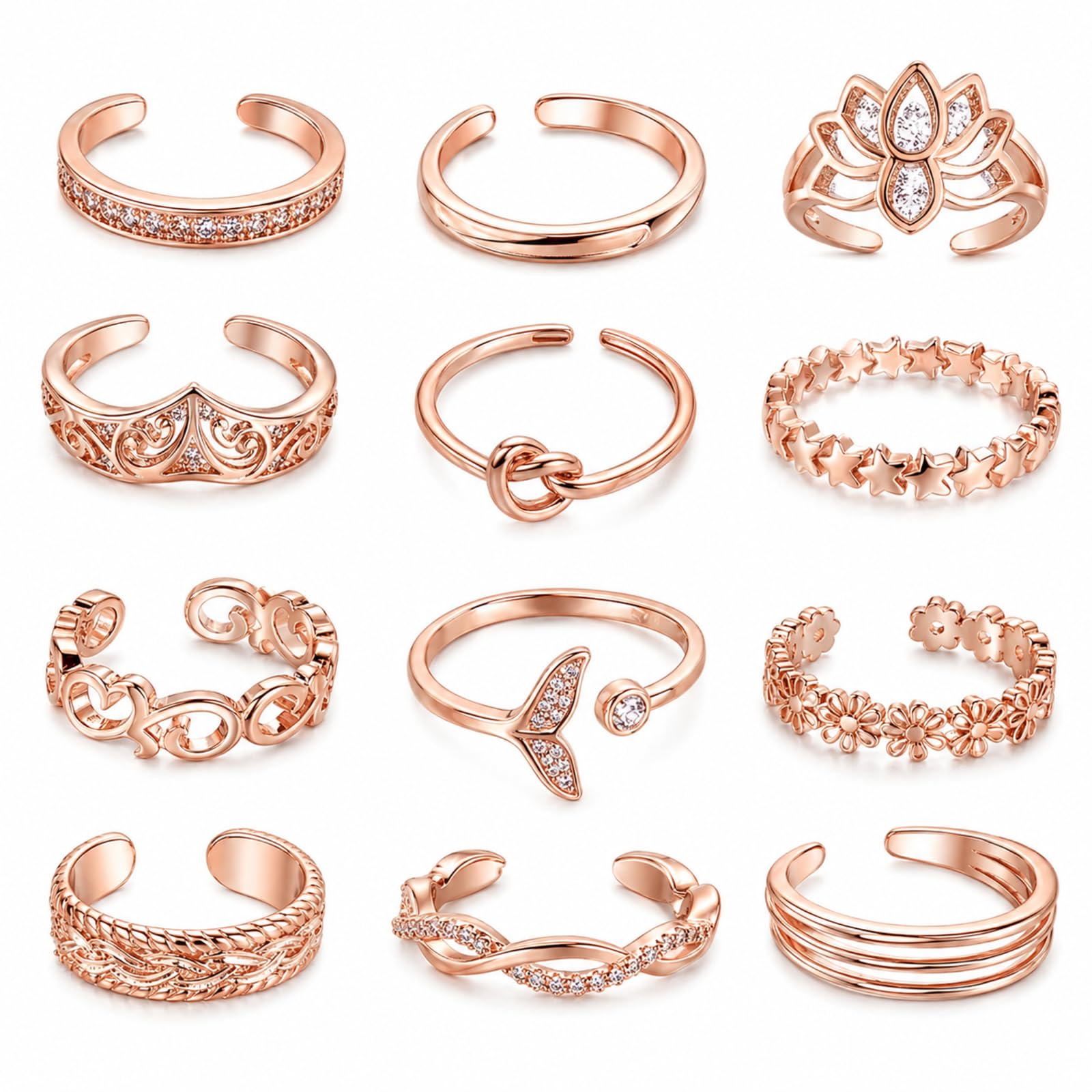 12PCS Toe Rings for Women 14K Gold/Silver Plated Adjustable Toe Ring Set Open Heart Arrow Infinity Rings Beach Foot Jewelry for Summer