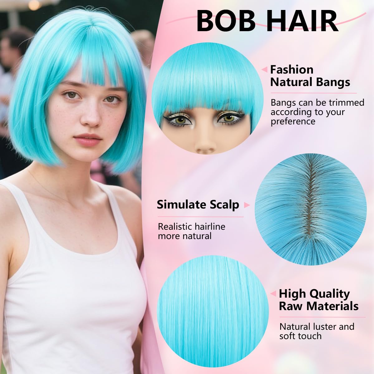 Straight Blue Bob Wig with Bangs 12" Short Bob Wigs for Women Girls Cosplay Party Synthetic Fiber Colourful Bob Wigs Fashion Looking Christmas Halloween Daily Use (Teal Blue) - Image 3