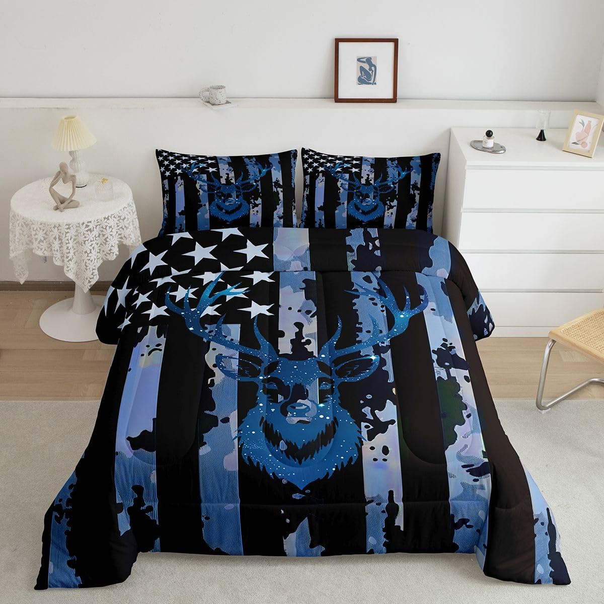 Camo Deer Comforter Set Full Size, Army Blue Camouflage Usa Flag Bedding Set For Kids Boys Teens Adult, Western Rustic Farmhouse Quilt Stars Stripes Duvet Sets Antlers Wild Animal Decor, Black