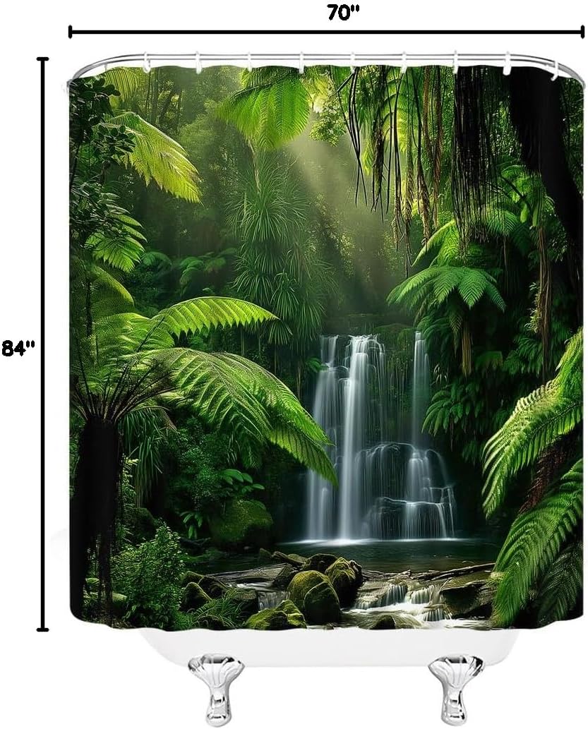 Sunhe Forest Waterfall Shower Curtain Green Nature Tree Forest Tropical Jungle Rainforest Natural Scenery Landscape Fabric Bathroom Decor Curtain with Hooks