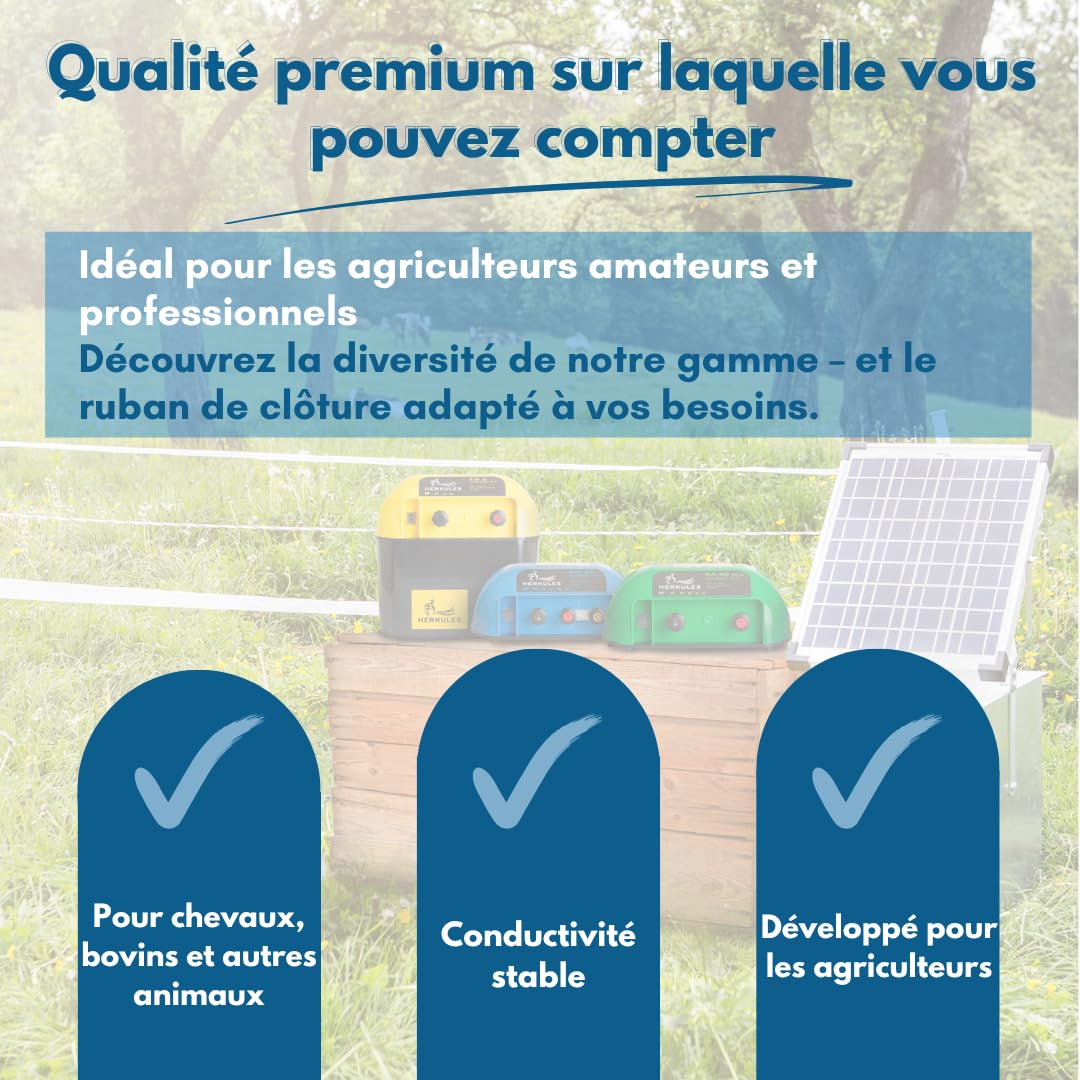 Ruban électrique Herkules Power – Ruban de 300m avec une résistance de 4,5 ohms/m – Ruban robuste conducteurs en acier inoxydable et aluminium – Ruban de 40mm de large tous les types d'animaux