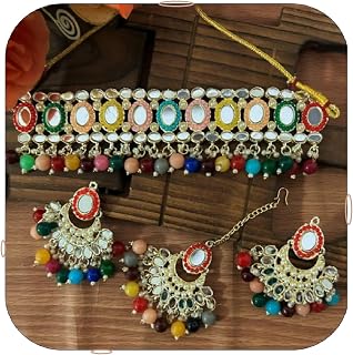 Traditional Wedding Mirror Bead Pearl Indian Ethnic Antique Gold Plated Choker Necklace Jewelry Set