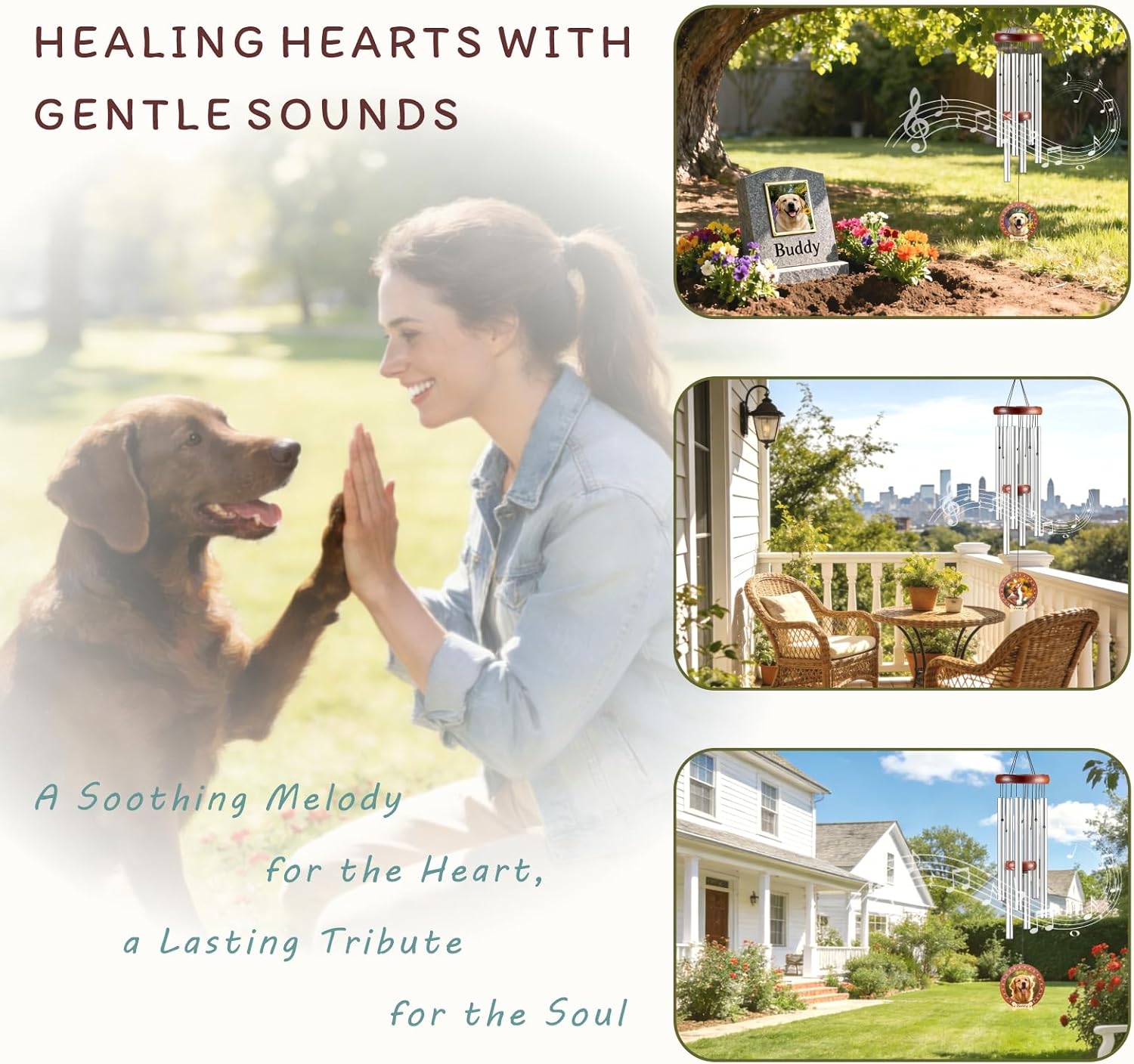 Dog Memorial Gifts for Loss of Dog, 32" Pet Memorial Wind Chimes with Photo Frame Pendant, Unique Pet Loss Sympathy Remembrance Gift (Silver)