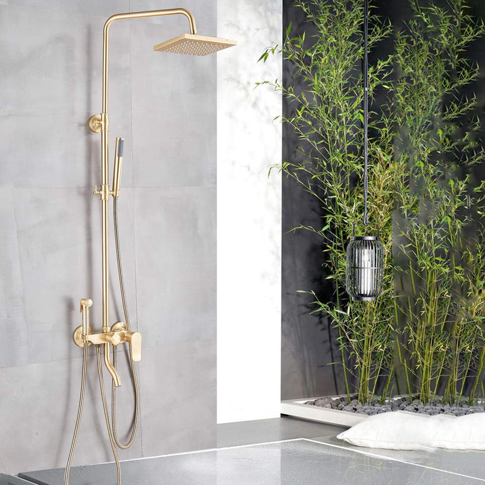 ASerZenith 8 inch Brushed Gold Shower Set Bathroom Tub Shower Mixer Tap Rainfall Bath Shower Faucet Brass Bidet Head in-Wall Rain Shower Tap