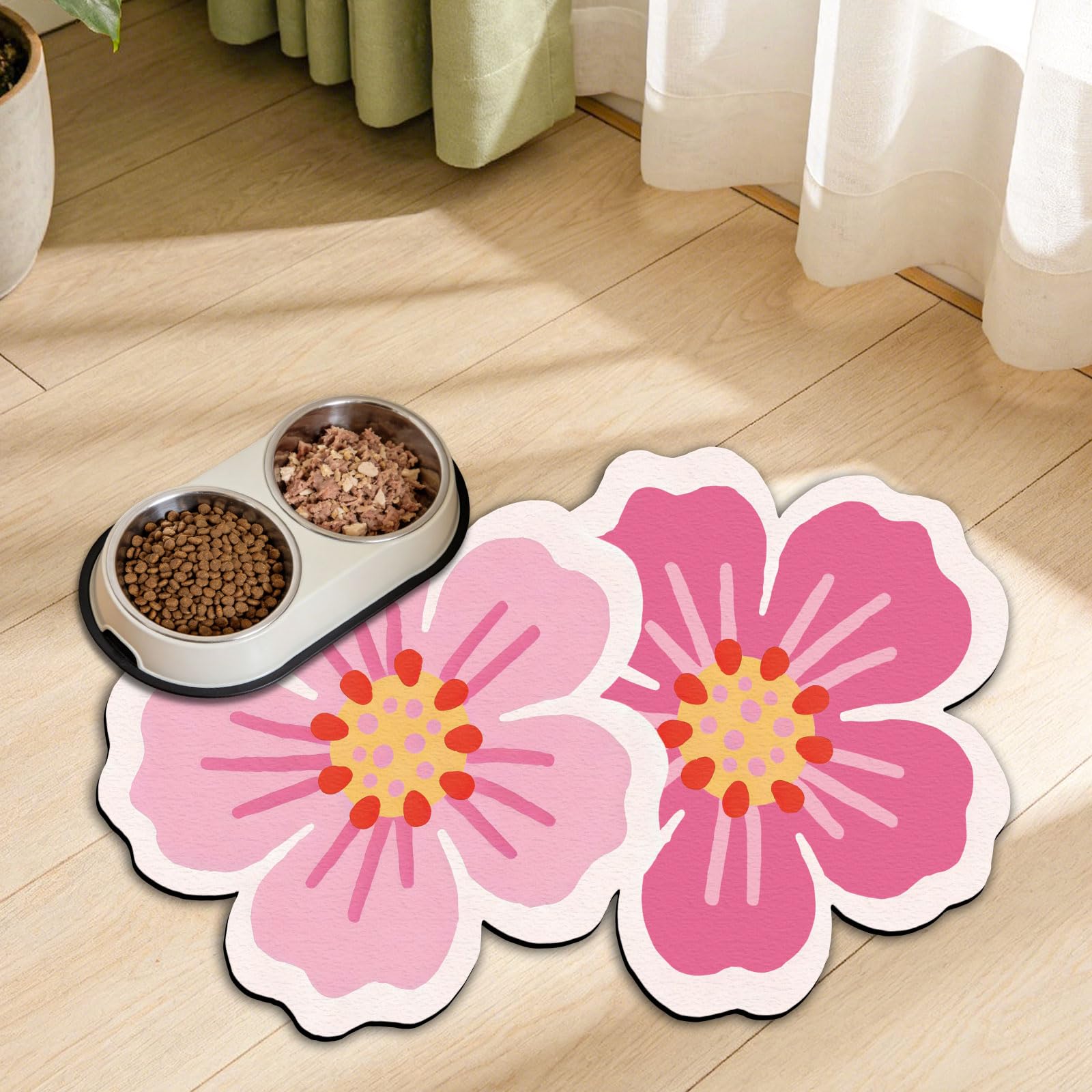 GLOBLELAND Cherry Blossom Shaped Pet Food Mat for Floors 23.6x15.7 inch Pink Flowers Prints Feeding Mats Non-Slip Floors Mat Absorbent Pet Placemats for Cats Dogs Bowl and Water Dispenser