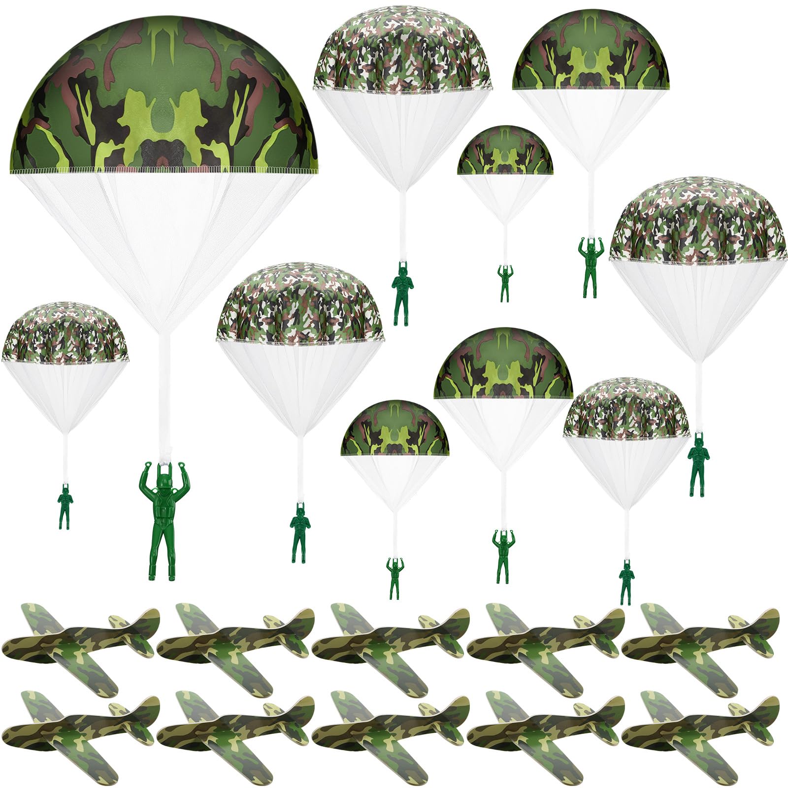 Jerify 20 Pcs Parachute Toys and Camouflage Foam Airplanes Set, Parachute Army Men Toys Army Hand Throw and Foam Glider for Boys Outdoor Party Favors (Camouflage)