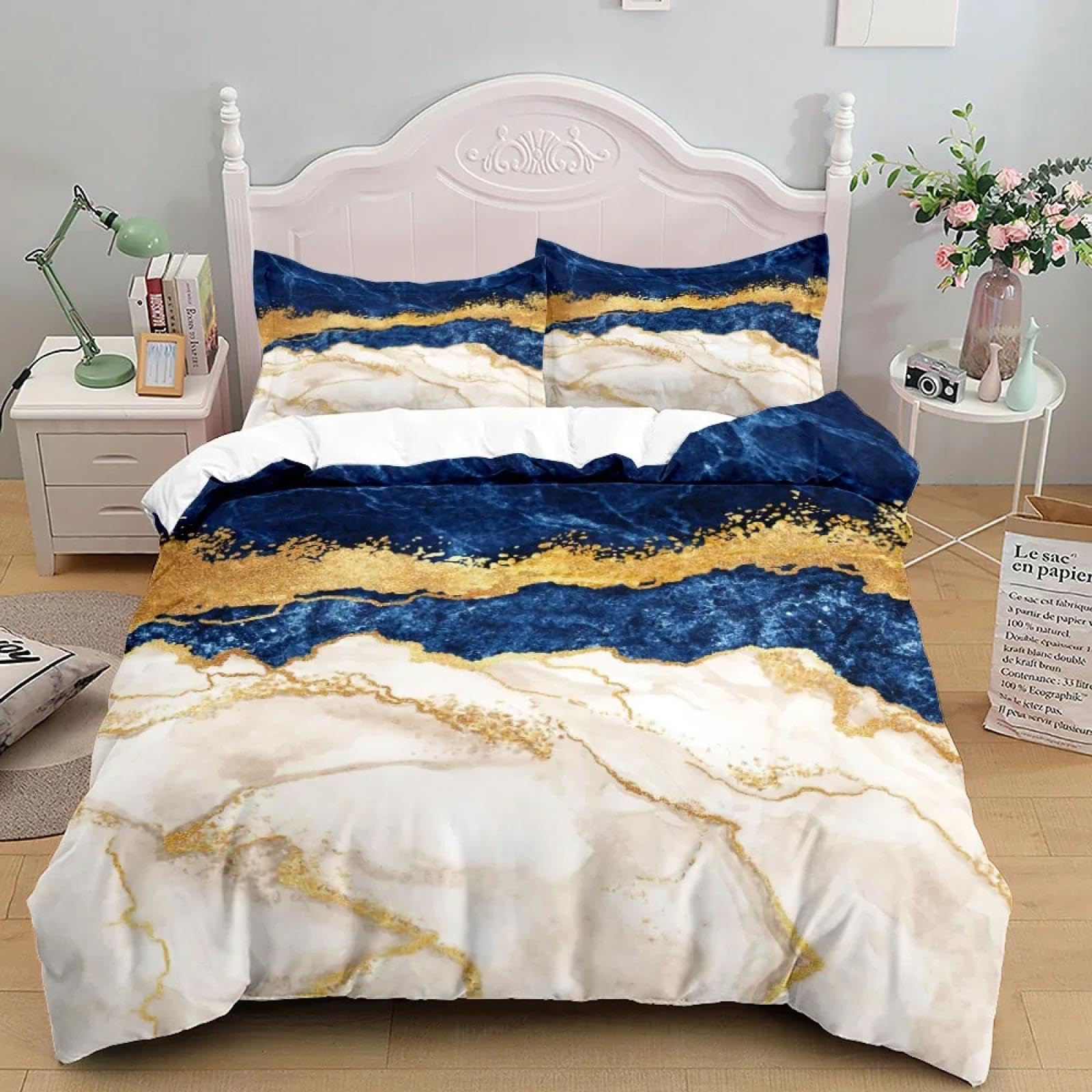 Marmur niebieski złoty teksturowany zestaw poszewek na kołdrę King Queen Double Full Twin pojedynczy rozmiar zestaw pościeli do dekoracji sypialni 200 x 220 cm /80 x 80 cm x 2