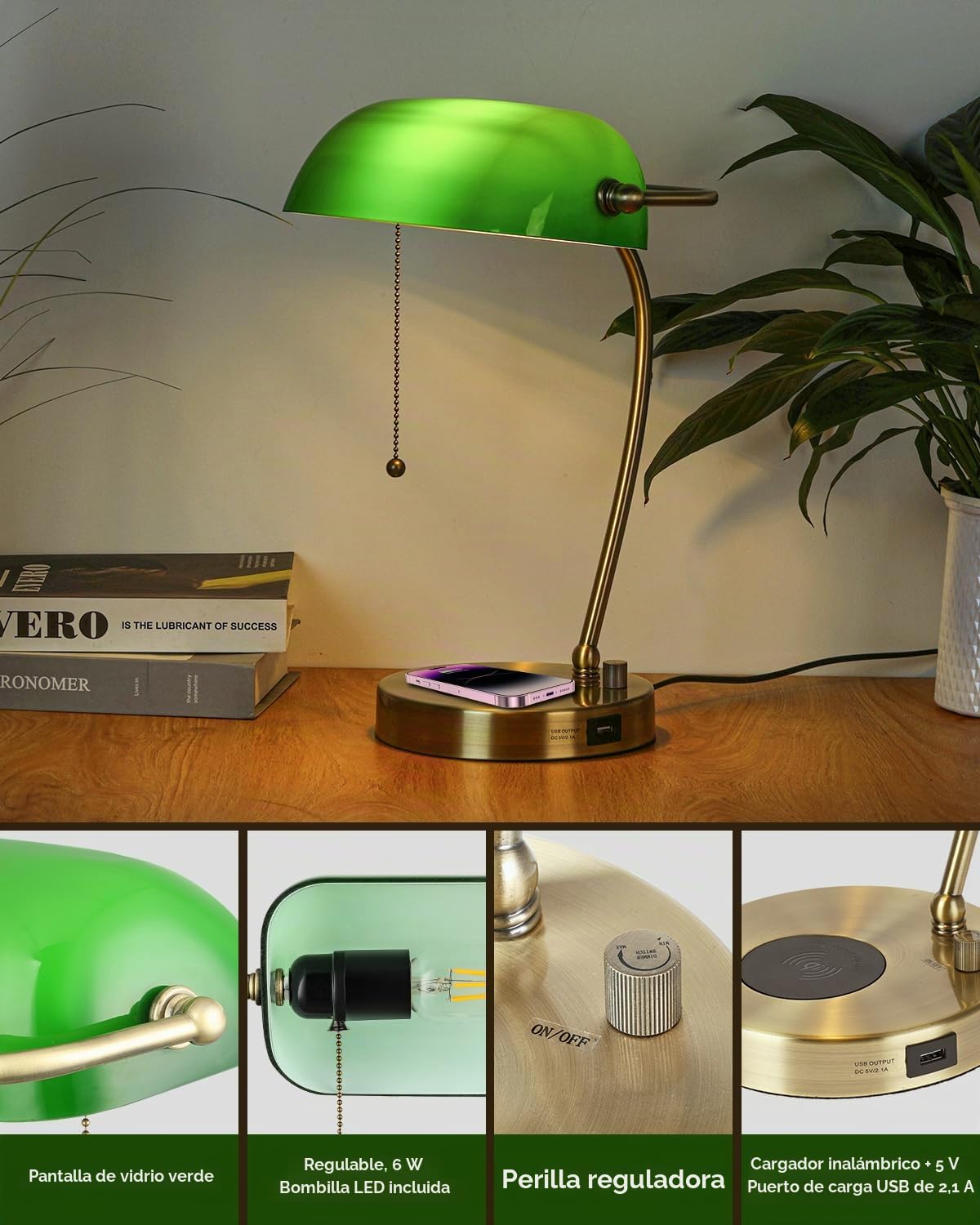 Lámpara de escritorio de banqueros de verde regulable continua | cargador inalámbrico, puerto de carga USB para oficina en casa, bombilla LED incluida