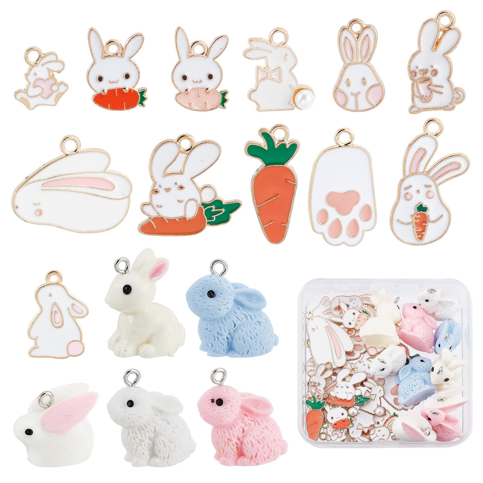 SUNNYCLUE 1 Box 17 Styles 34Pcs Easter Charm Bunny Charms Bulk Alloy Enamel Resin Rabbit Carrot Charm Cartoon Metal Dangle Charms for Jewellery Making Charms DIY Bracelet Necklace Earring Crafts Women