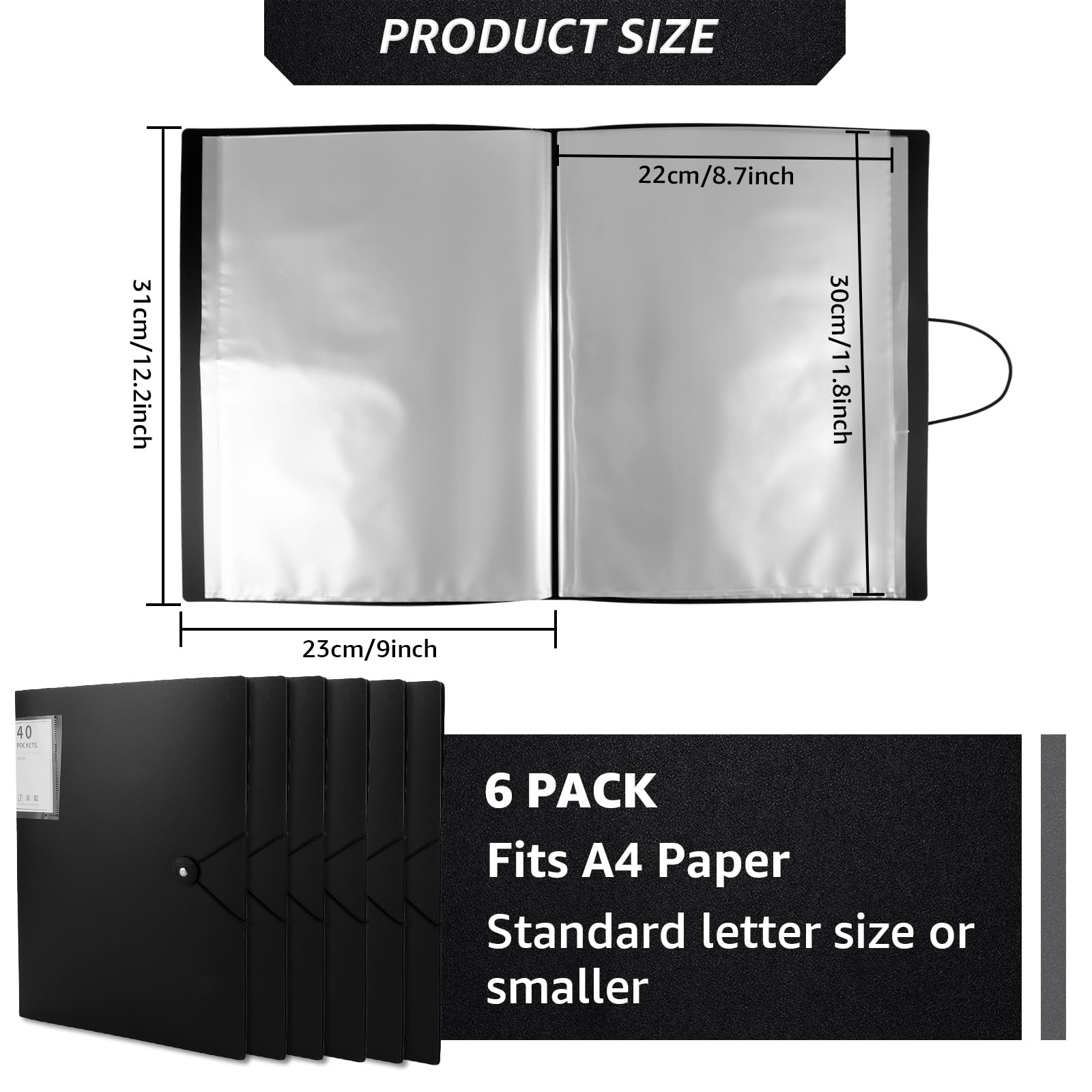 MUXHEL 6PCS A4 Folder with Plastic Sleeves 40 Pockets A4 Display Folder with Safety Rope Black Display Folders a4 with Pockets Plastic Display Book for School & Office Document - Image 2