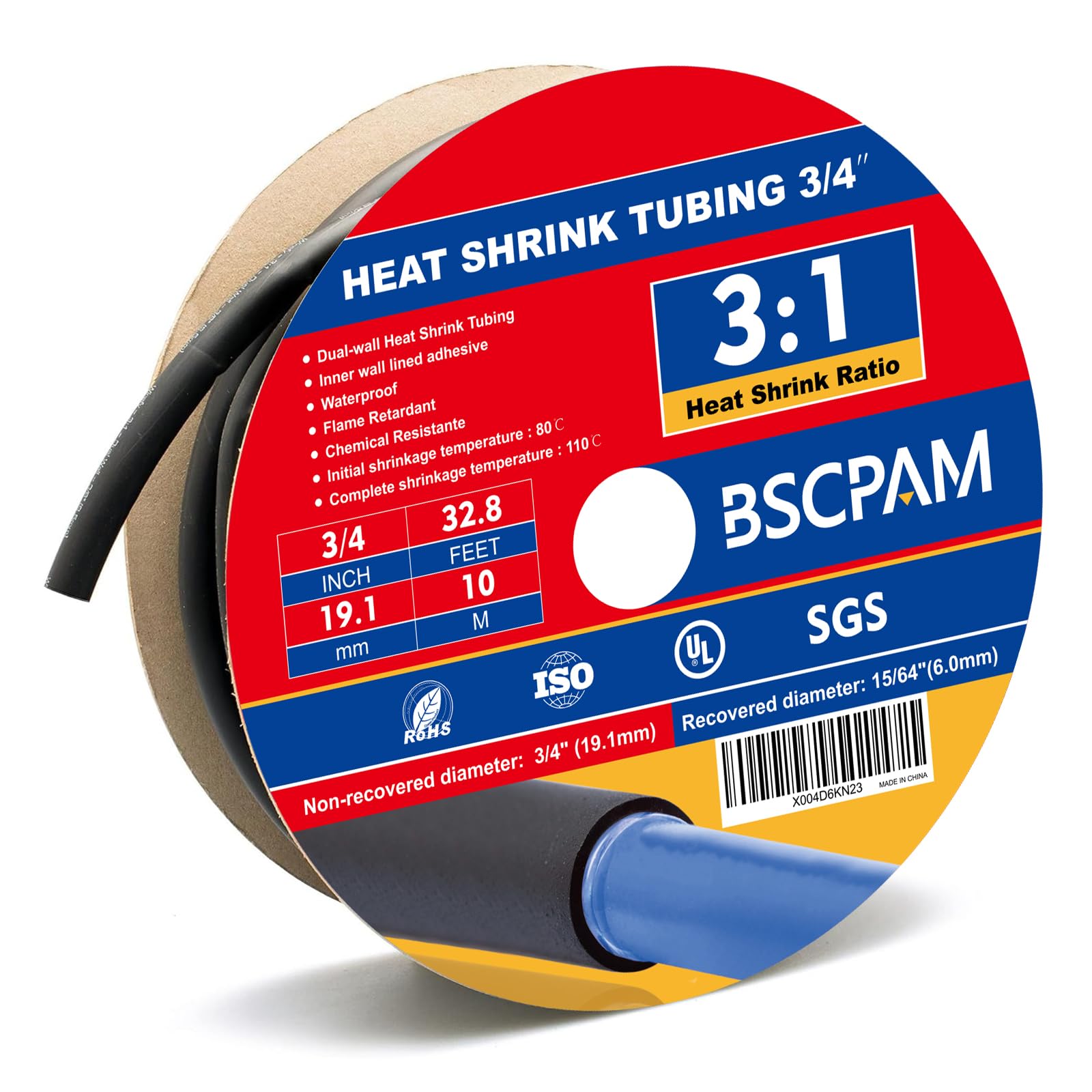 Gaine thermorétractable de 19,1 mm, 19,1 mm de qualité marine, rapport de rétrécissement 3:1, avec doublure adhésive, noir