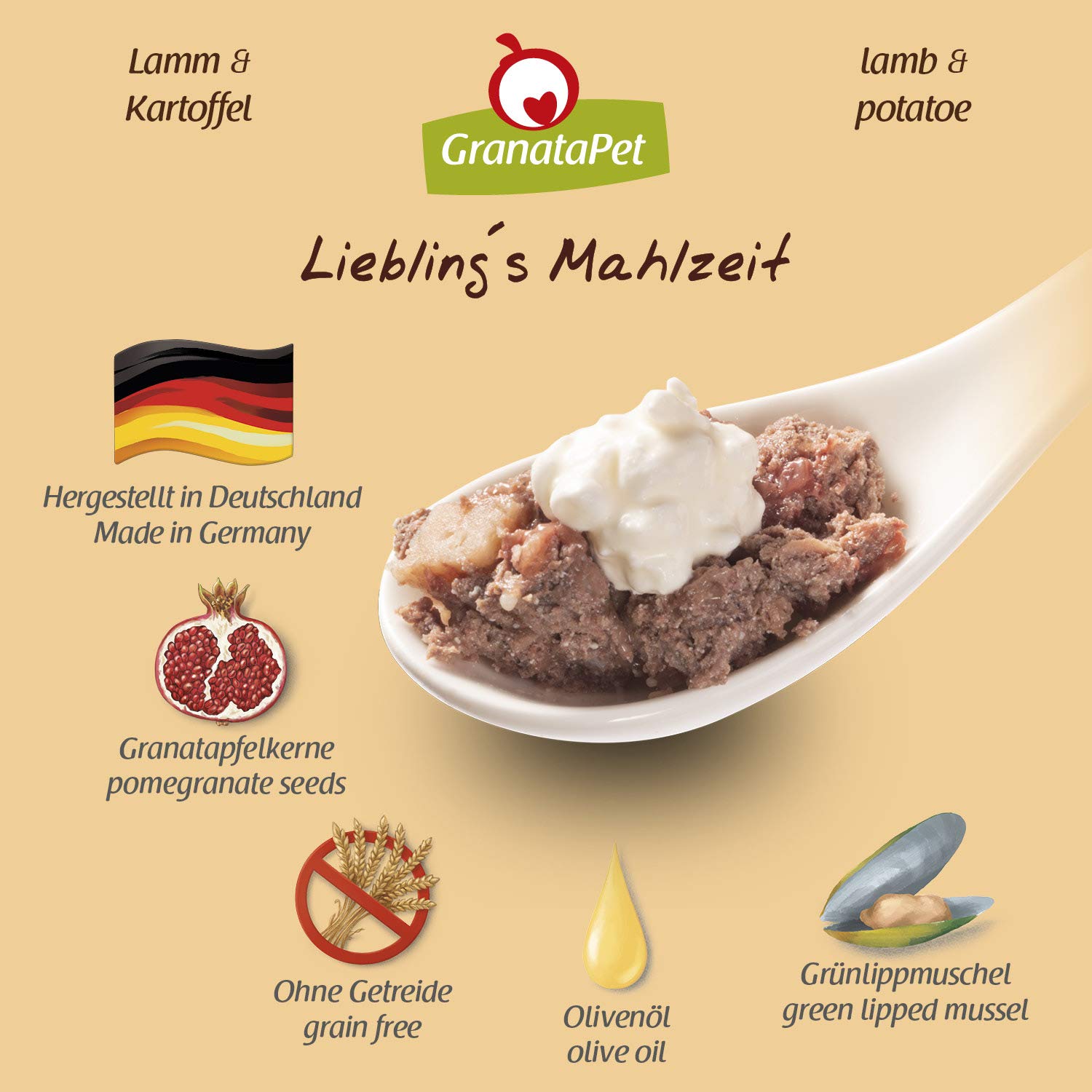 GranataPet Pasto preferito, ragù e manzo, cibo umido per cani, cibo per cani senza cereali e senza zucchero, alimento completo, 6 x 800 g & Pasto preferito Agnello e Patata, Alimento umido per cani