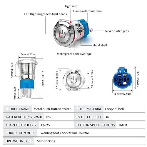 Miniatura 10 de 2 interruptores de botón de bloqueo de 0.63 pulgadas, carcasa de metal inoxidable IP65, impermeable, patrón de símbolo de encendido autobloqueante