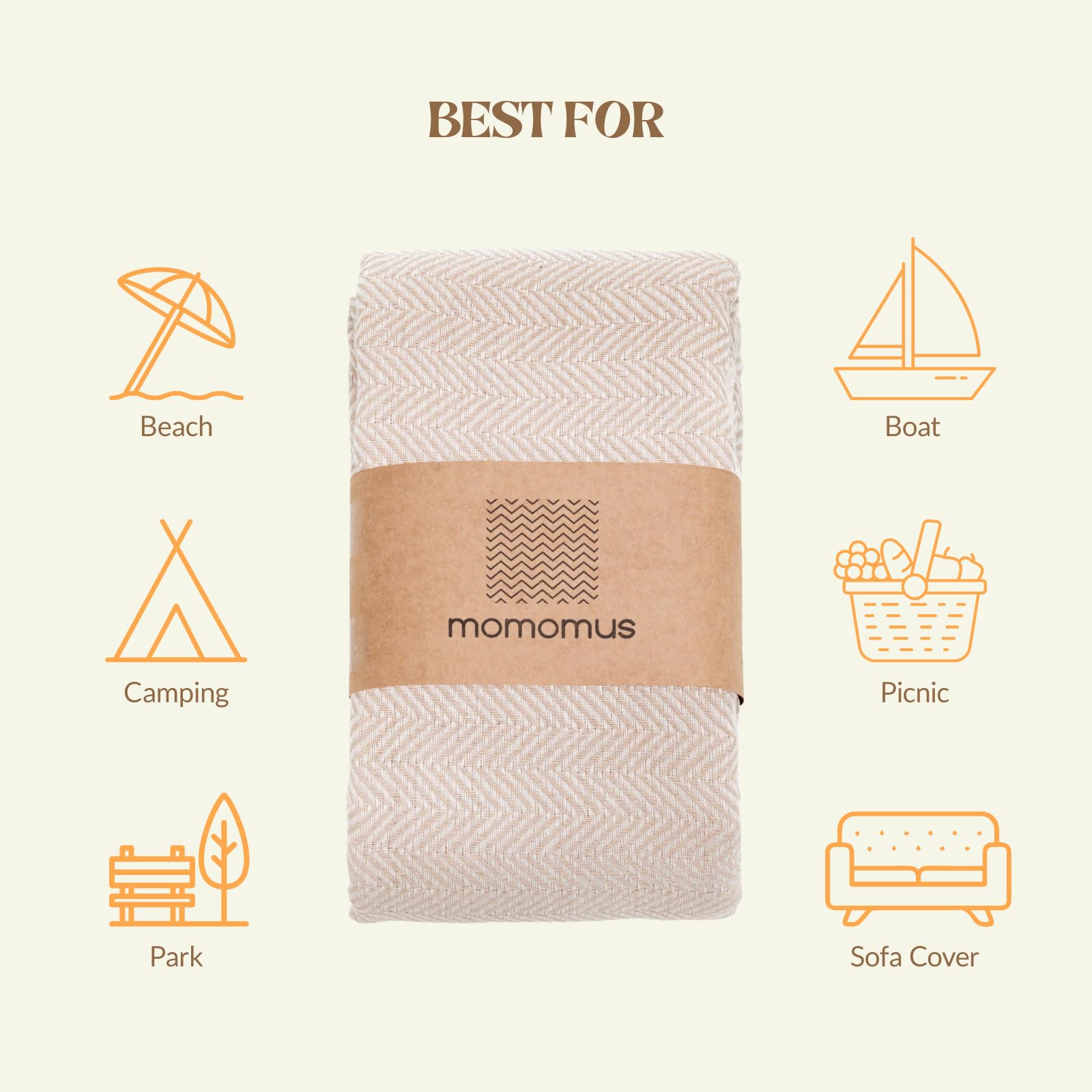 MOMOMUS Grande Serviette de Plage Anti-Sable Style Fouta XXL - 100% Coton, Douce et Légère - Couverture ou Tapis de Plage Grand Format, idéale pour Pique-Nique et Piscine - Beige, 200 x 220 cm