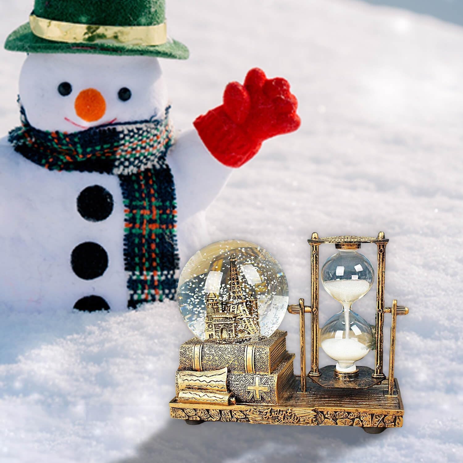 Crystal Snow Globes with Hourglass Timer & Led Music Vintage Brass Snow Crystal Ball Paris Eiffel Tower for Home Snowglobes Decoration Gifts(Pack of 1,Golden) (Paris Eiffel Tower)
