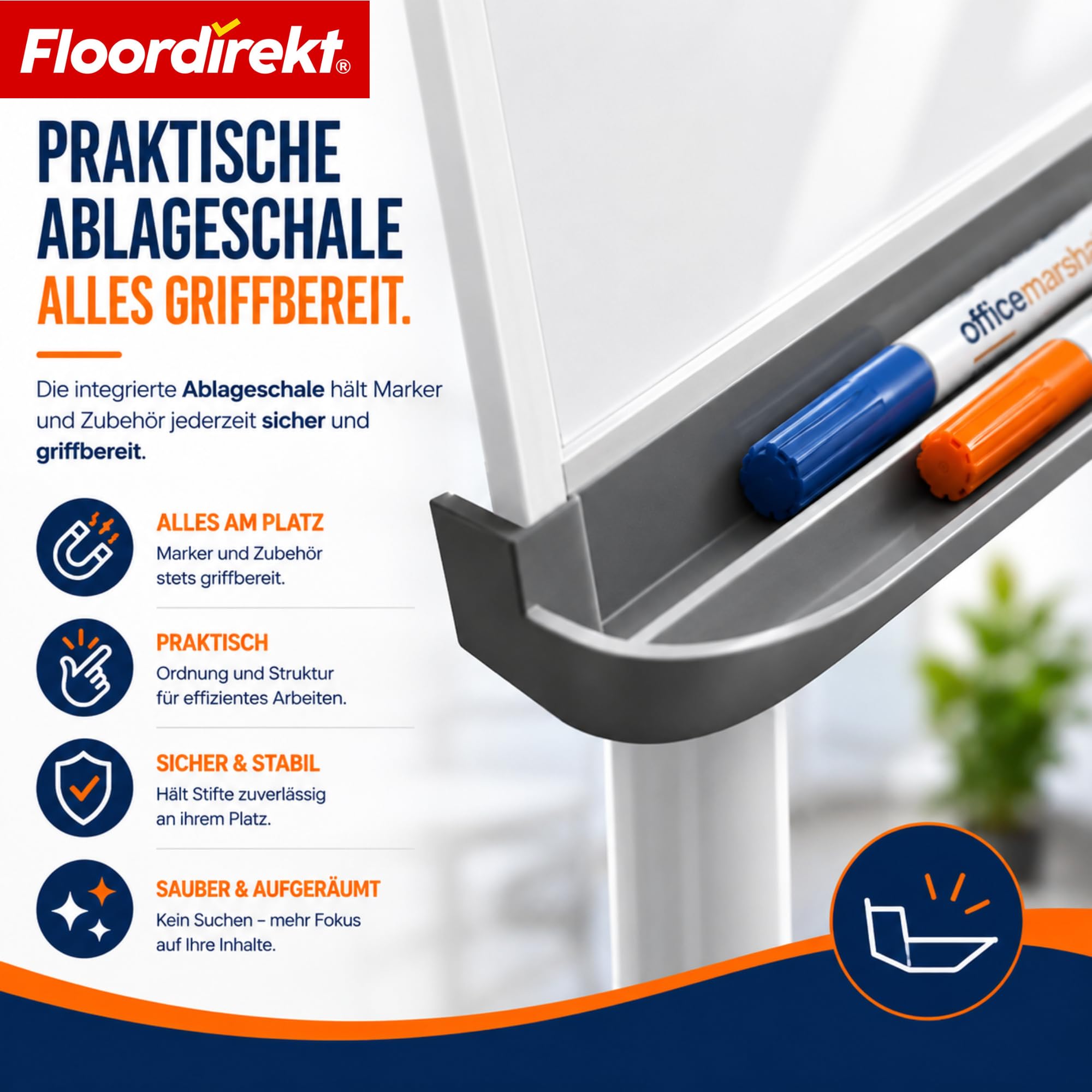 Floordirekt Pizarra magnética con soporte de rodillo, soporte para bloque y brazos laterales, magnético, se puede escribir y ajustar en altura, pizarra blanca, pizarra magnética, con bandeja de