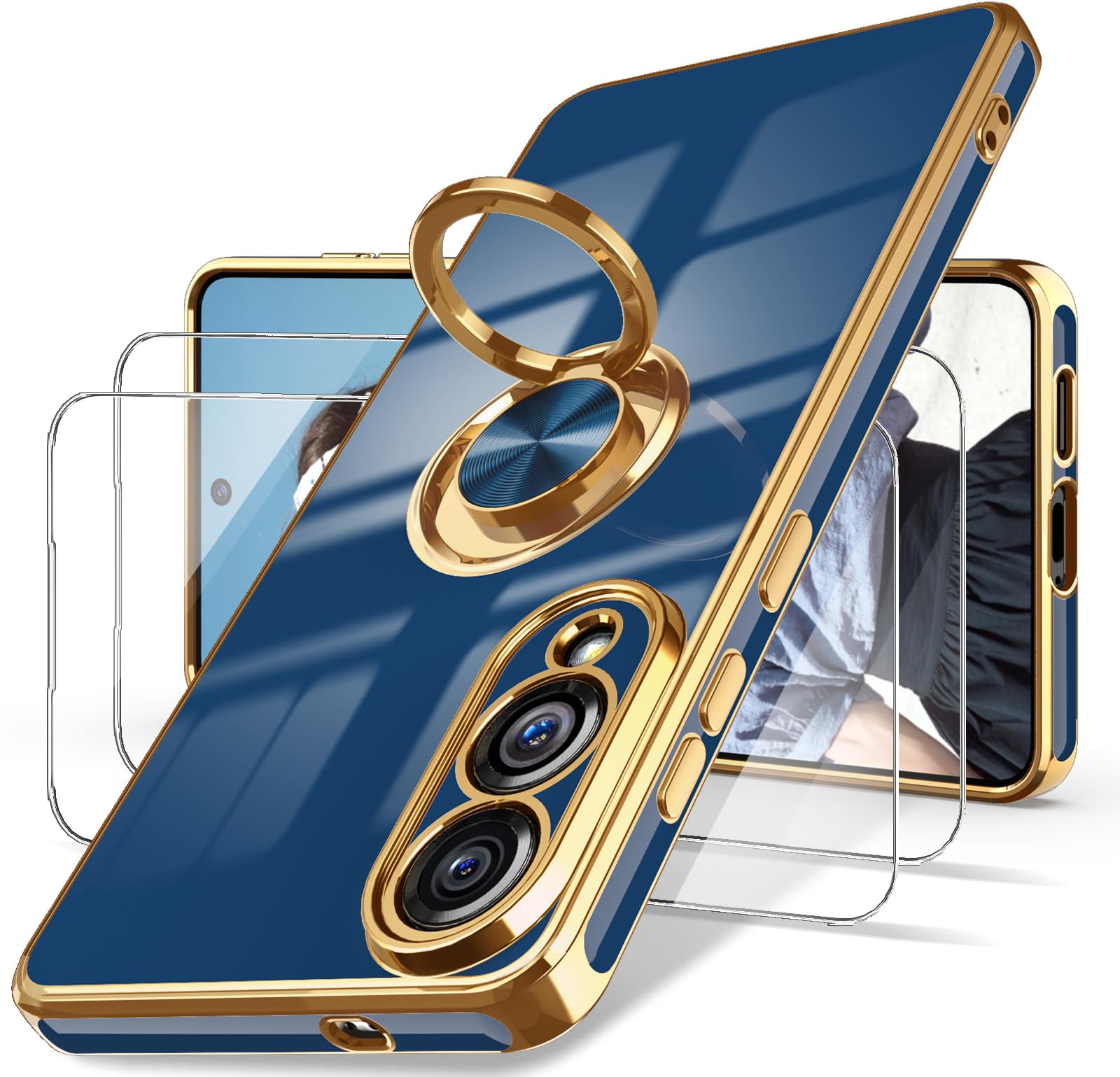 Dretal for Samsung Galaxy S25 Edge Case, Screen Protector, 360° Rotatable Ring Holder Magnetic Kickstand,Plated Gold Edge Slim Soft TPU Protective