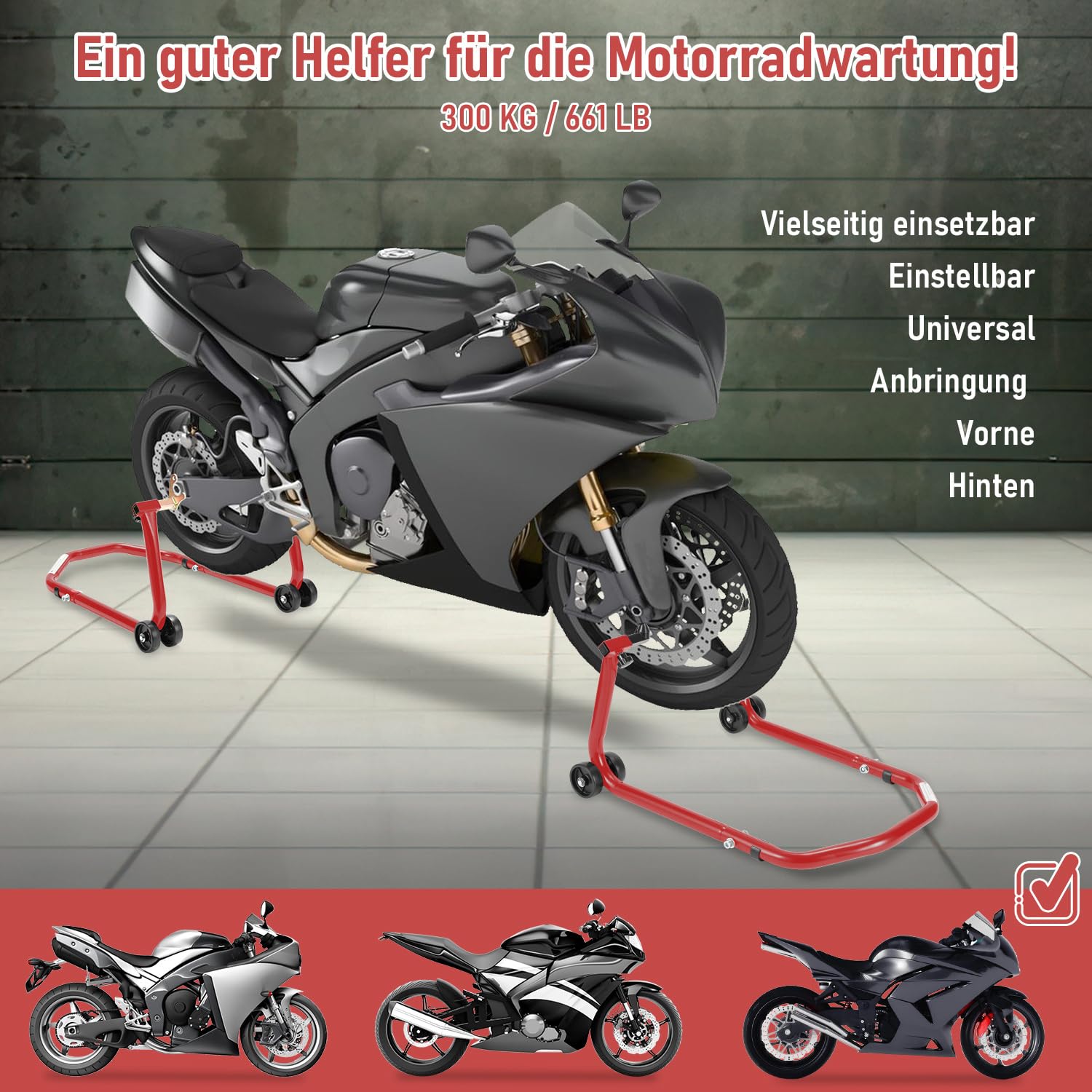 Cavalletto per moto, sollevatore posteriore per moto, con ruote doppie, larghezza regolabile, lavori di montaggio per moto fino a 300 kg, stabilità (rosso)