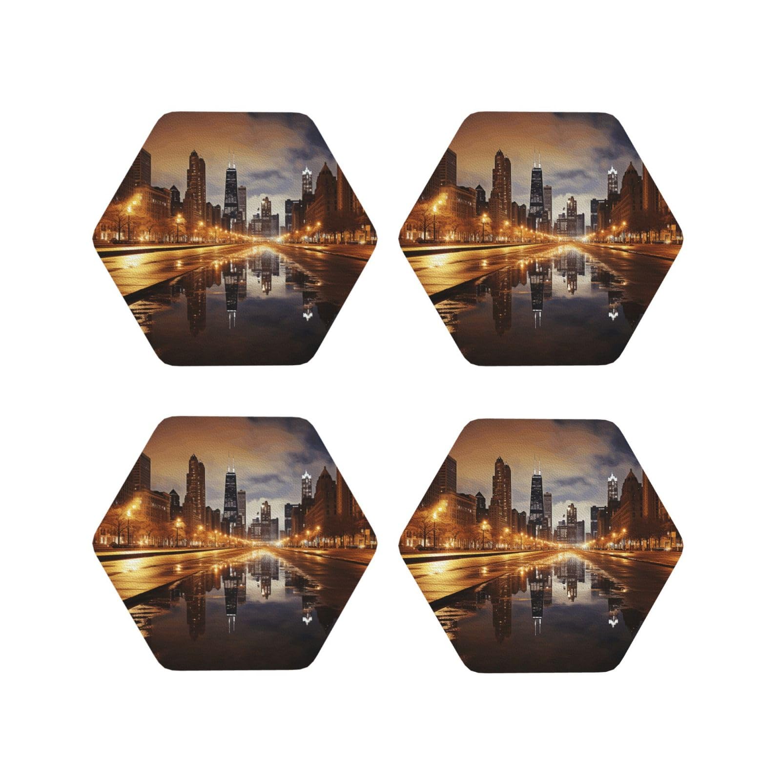 4Pcs PU Leather Coaster for Drinks, Chicago Cup Coastersr 4" Cup Mat Pad, Aesthetic Drink Coasters for Coffee Table, Hexagon Coaster for Tabletop Protection