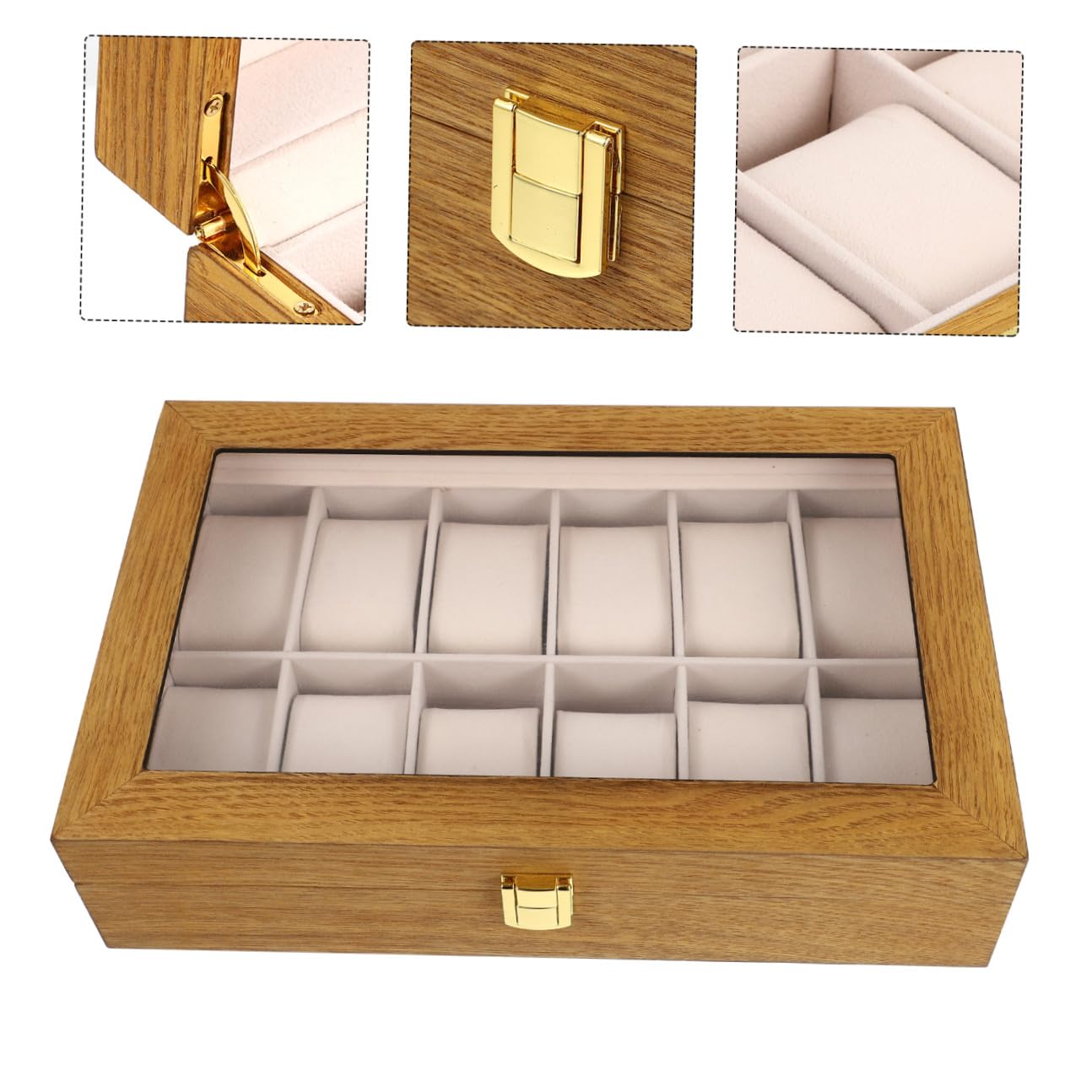 BESPORTBLE Scatola per Orologio da 12 Posti in Legno Chiusura | Organizzatore da Tavolo, Inserti Interni Rimovibili, per Esposizione e Custodia di Orologi