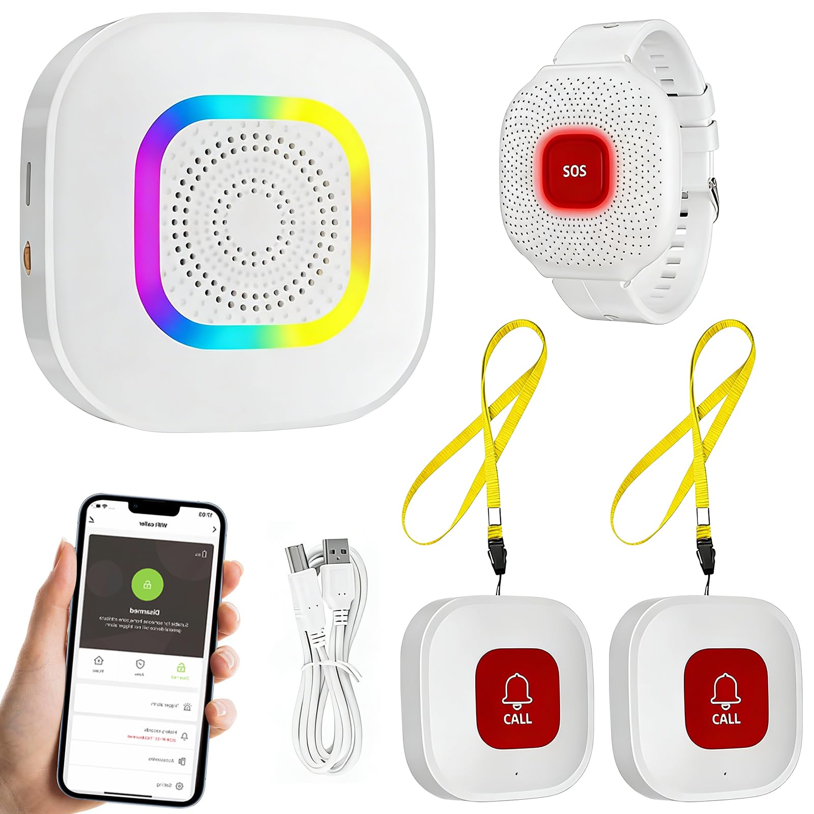 Tuya - Alarmas personales para ancianos, sistema de botón de llamada de alarma impermeable con 2 botones de llamada, 1 botón de muñeca y receptor para personas mayores, pacientes, discapacitados