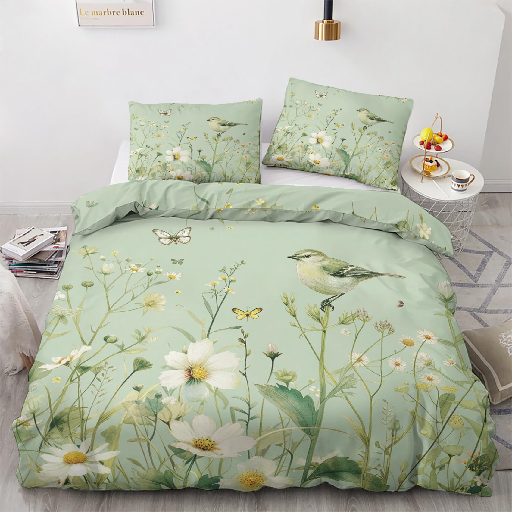 Nogawa Multicolor Wildflower Bird Double Duvet Set - Sage Green Floral Bedding Set - Reversible Quilt Cover & 2 Pillowcases With Zip And Ties, Ultra Soft And Non Iron Brushed Microfibre Bed Set 200 X 200