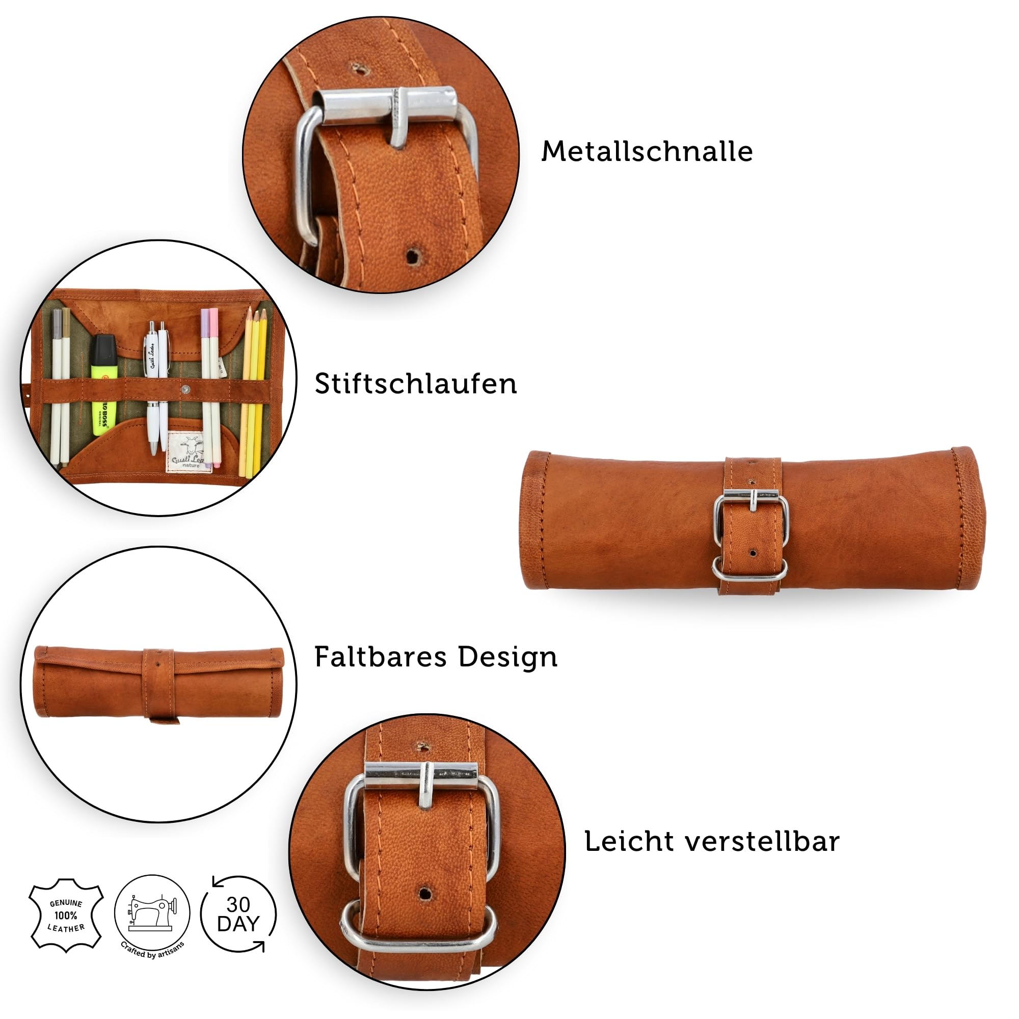 Gusti Federtasche Leder - Robbie Damen und Herren Stifterolle Federtasche Schlamperrolle Stifteetui Vintage Braun Leder
