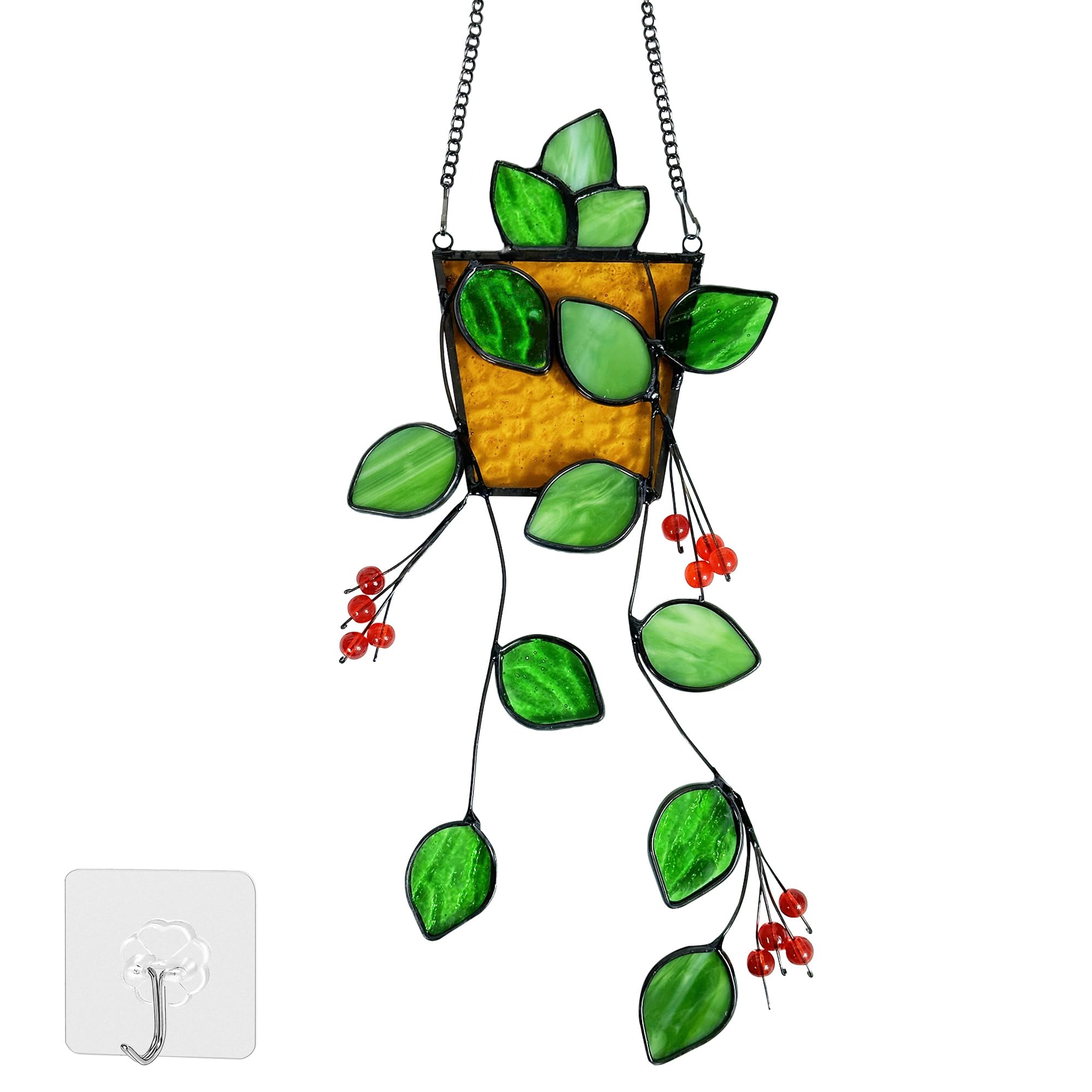 Plant Stained Glass,Stained Glass Window Hanging,Real Handmade Suncatcher,Artificial Green Plants Decor Gift for Women Mom Grandma Plant Lovers,Sun