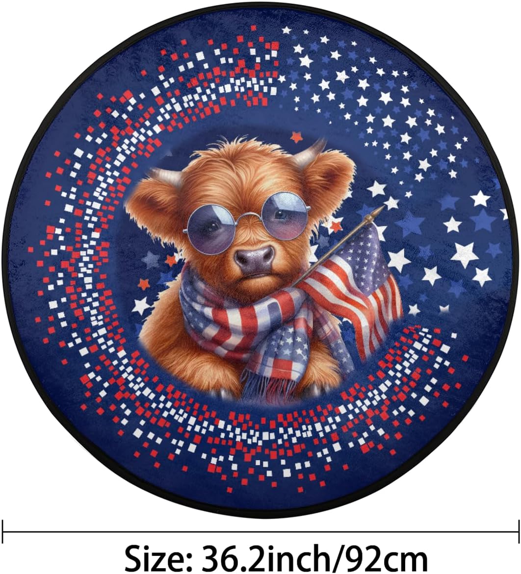 Round Rug 3ft Independence Day Cattle Indoor Circle Area Circle Rugs Washable Non-Slip Bedside Indoor Doormat for Living Room Bedroom Playroom Nursery Room Decor Carpet Mat Splat Mat for High Chair
