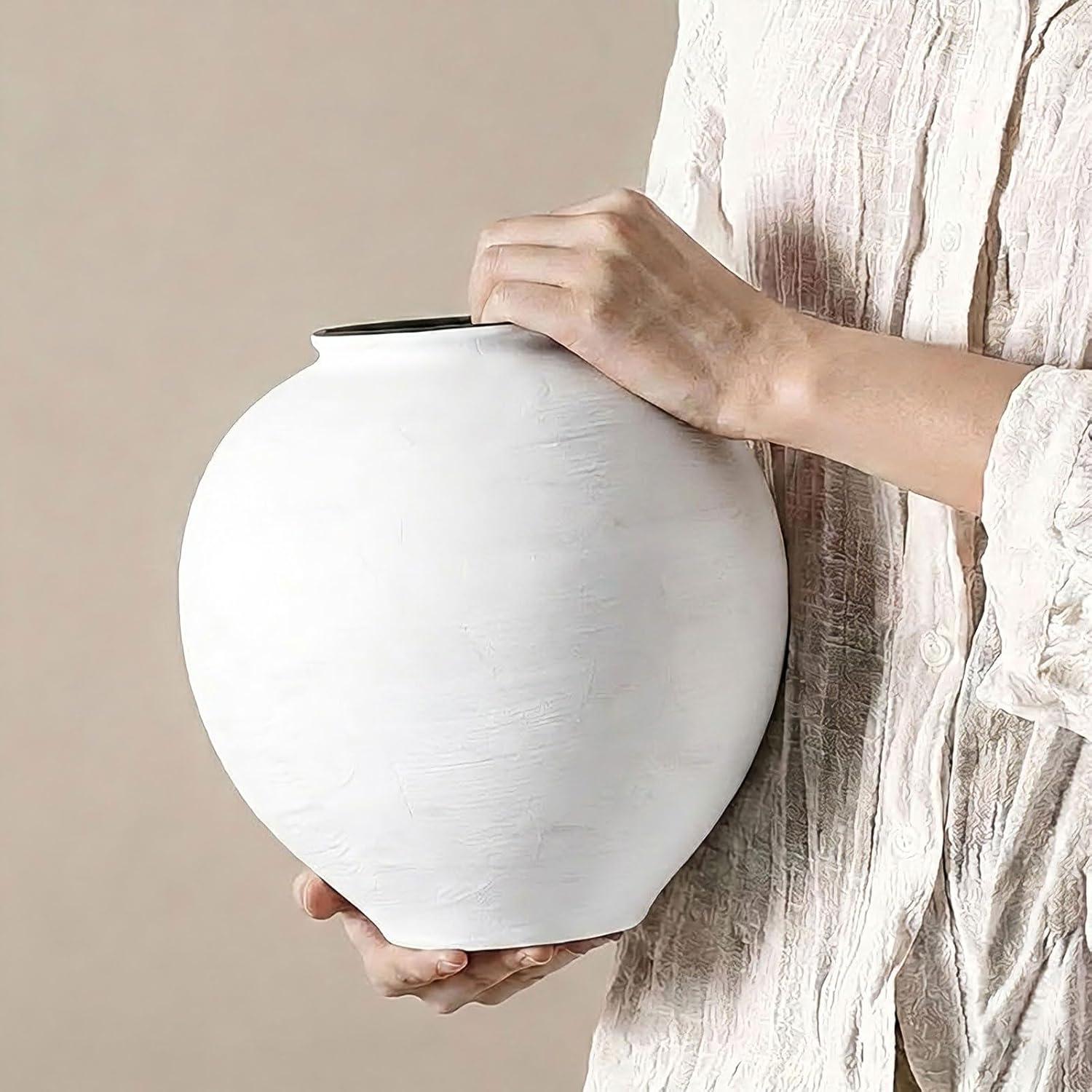 Large White Ceramic Vase - 9 Inch Round Farmhouse Wide Mouth Holds Water, White Vases Ceramic Vases for Home Decor Living Room Table Mantel Shelf Entryway Bathroom